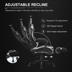 GTRACING GTWD-200 Gaming Chair with Footrest, Height Adjustable Office Swivel Recliner, White