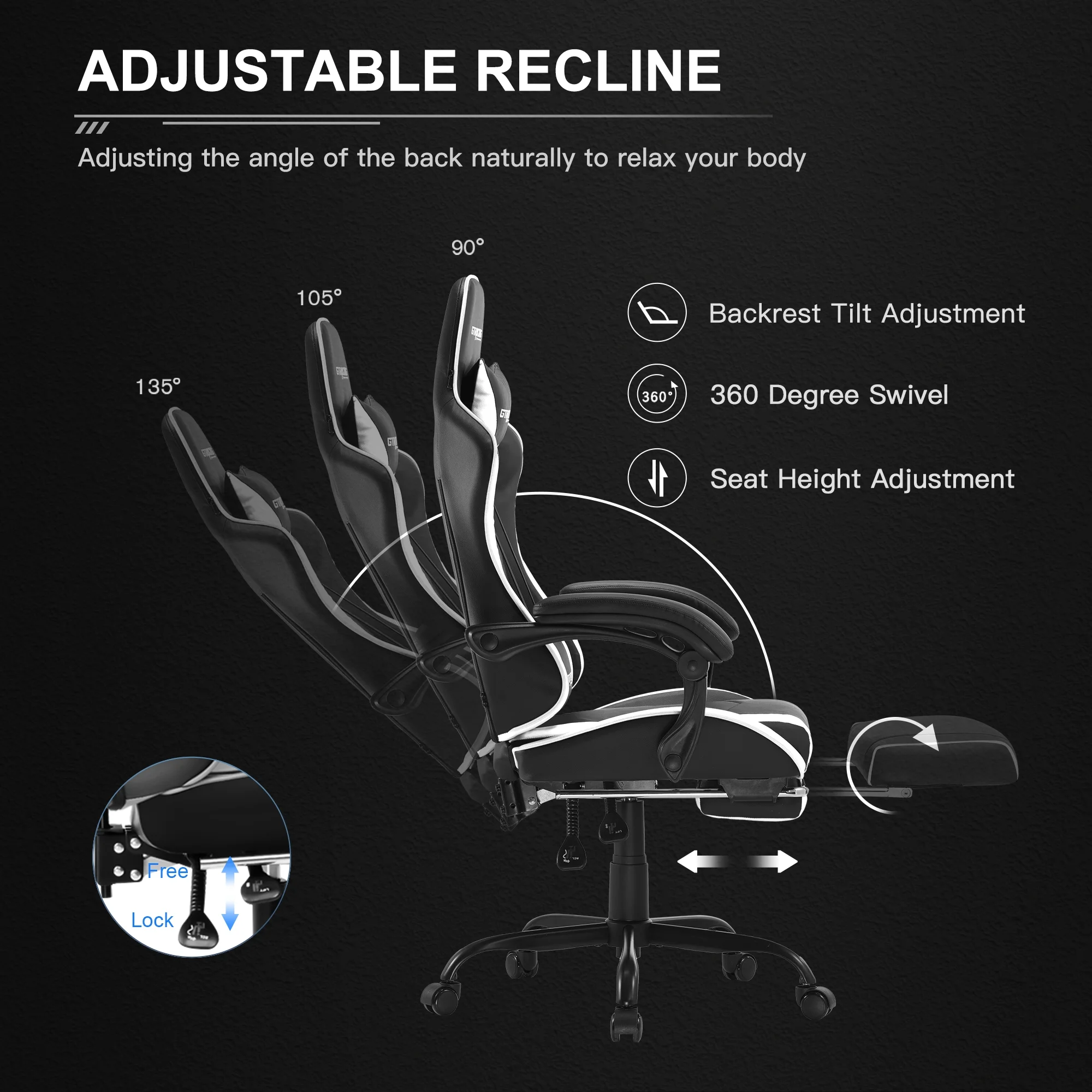 GTRACING GTWD-200 Gaming Chair with Footrest, Height Adjustable Office Swivel Recliner, White