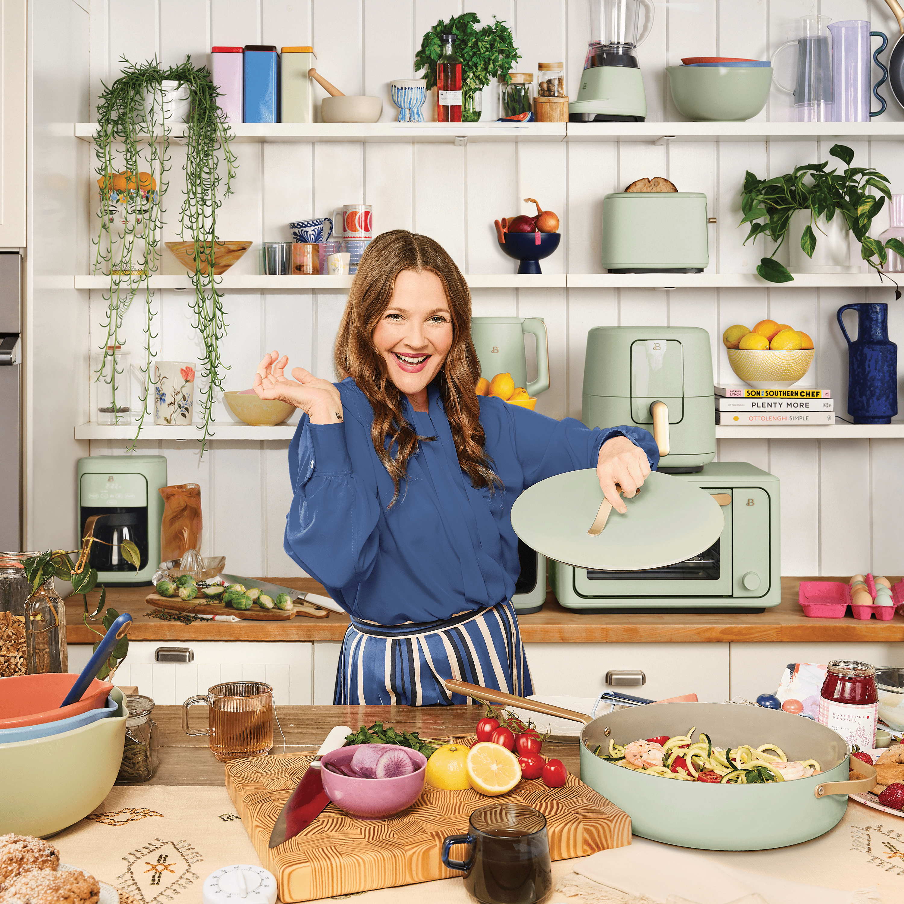 Beautiful 5.5 Quart Ceramic Non-Stick Sauté Pan, Sage Green by Drew Barrymore