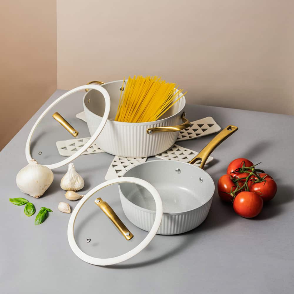 Thyme & Table Signature Ribbed 12-Piece Cookware Set Non-Stick- White & Gold