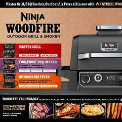 Ninja Woodfire 141 sq in 1760 Watts Electric Outdoor Grill & Smoker with Air Fry, BBQ Smoke, and Real Wood Pellet Flavor