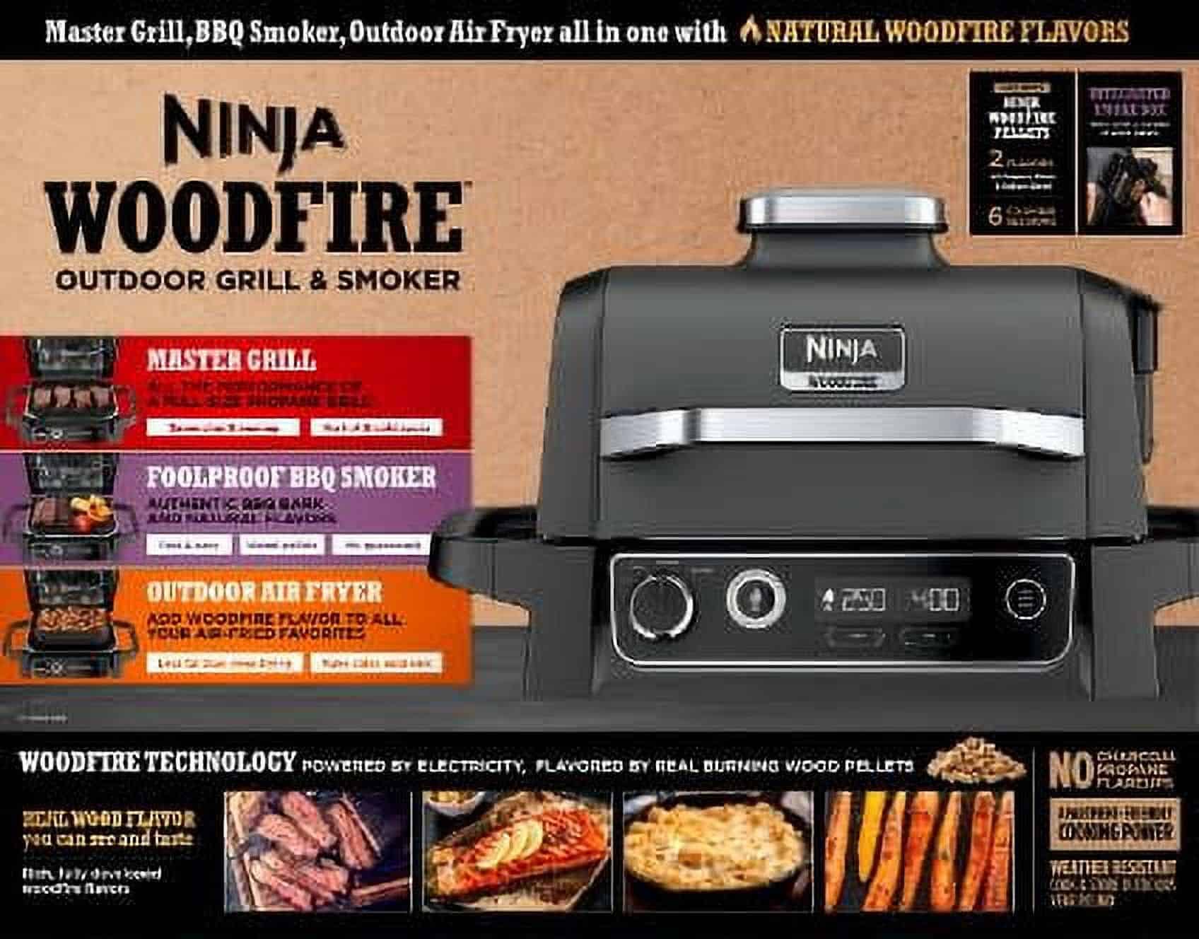 Ninja Woodfire 141 sq in 1760 Watts Electric Outdoor Grill & Smoker with Air Fry, BBQ Smoke, and Real Wood Pellet Flavor