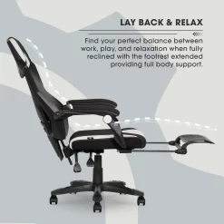 Gamer Gear Gaming Office Chair with Extendable Leg Rest, White and Black Fabric Upholstery