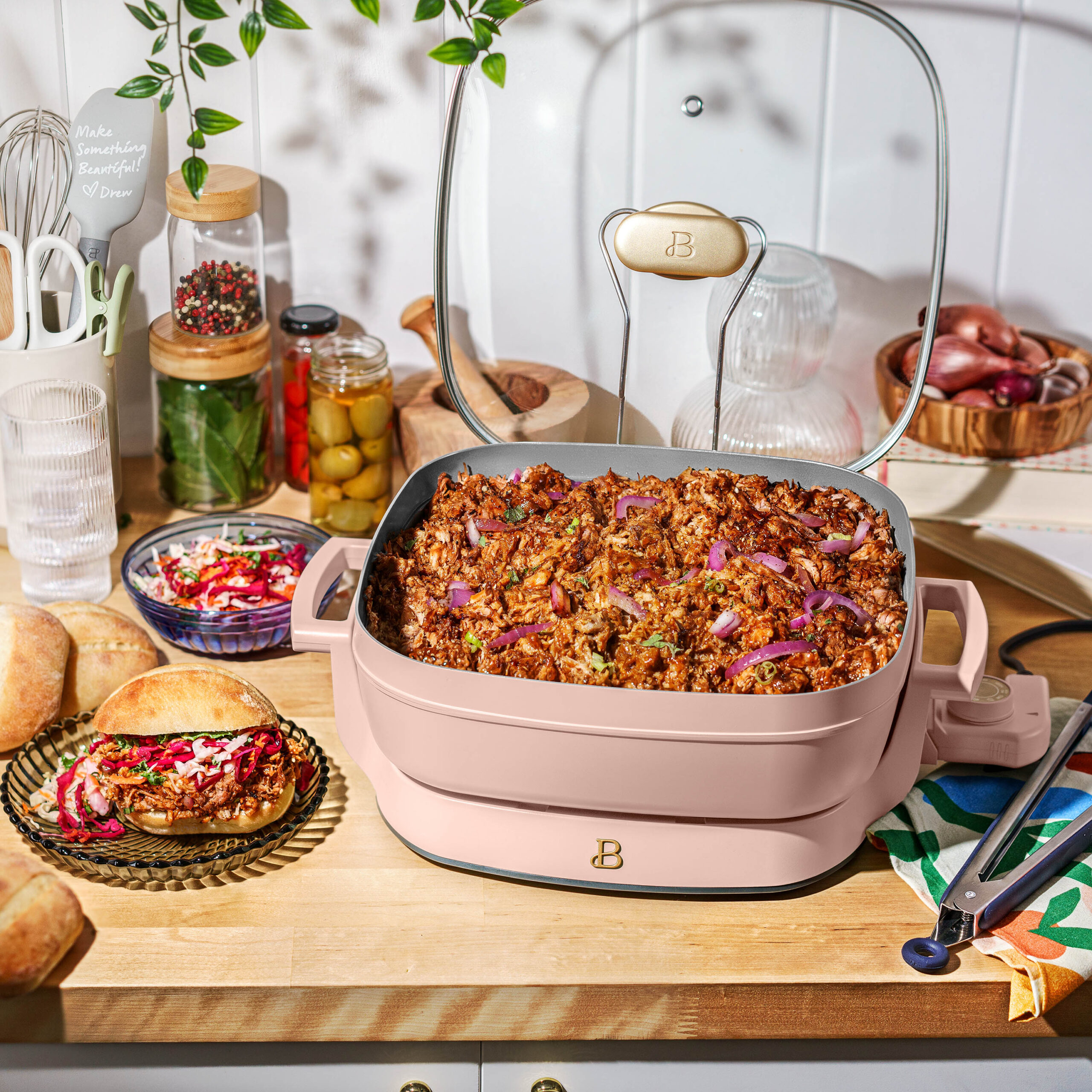 Beautiful 5 in 1 Electric Skillet - Expandable up to 7 Qt with Glass Lid, Rose by Drew Barrymore