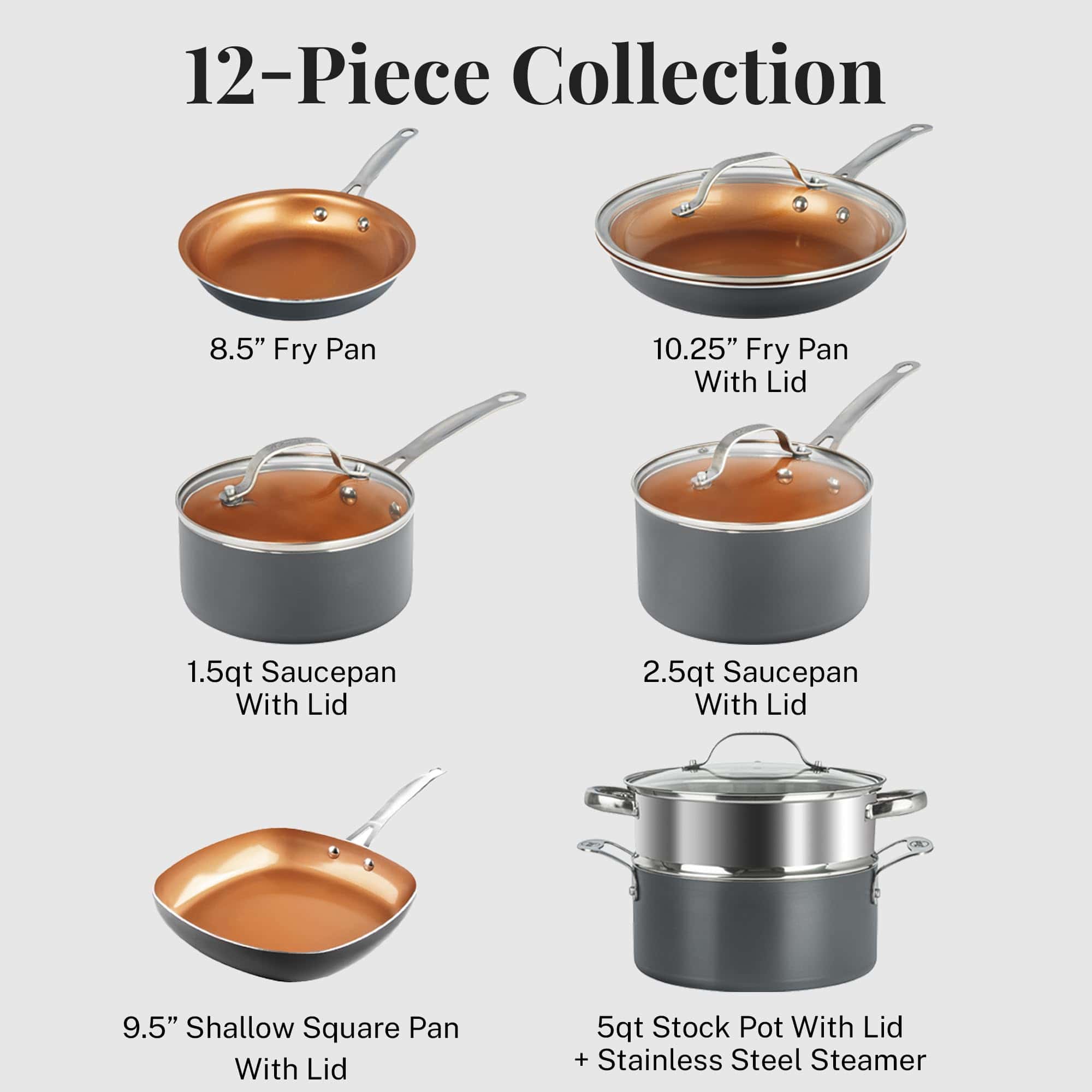 Gotham Steel Nonstick Pots and Pans 12 Piece Set Ceramic Cookware Kitchen Set with Frying Skillet, Saucepan, Lids, Gray