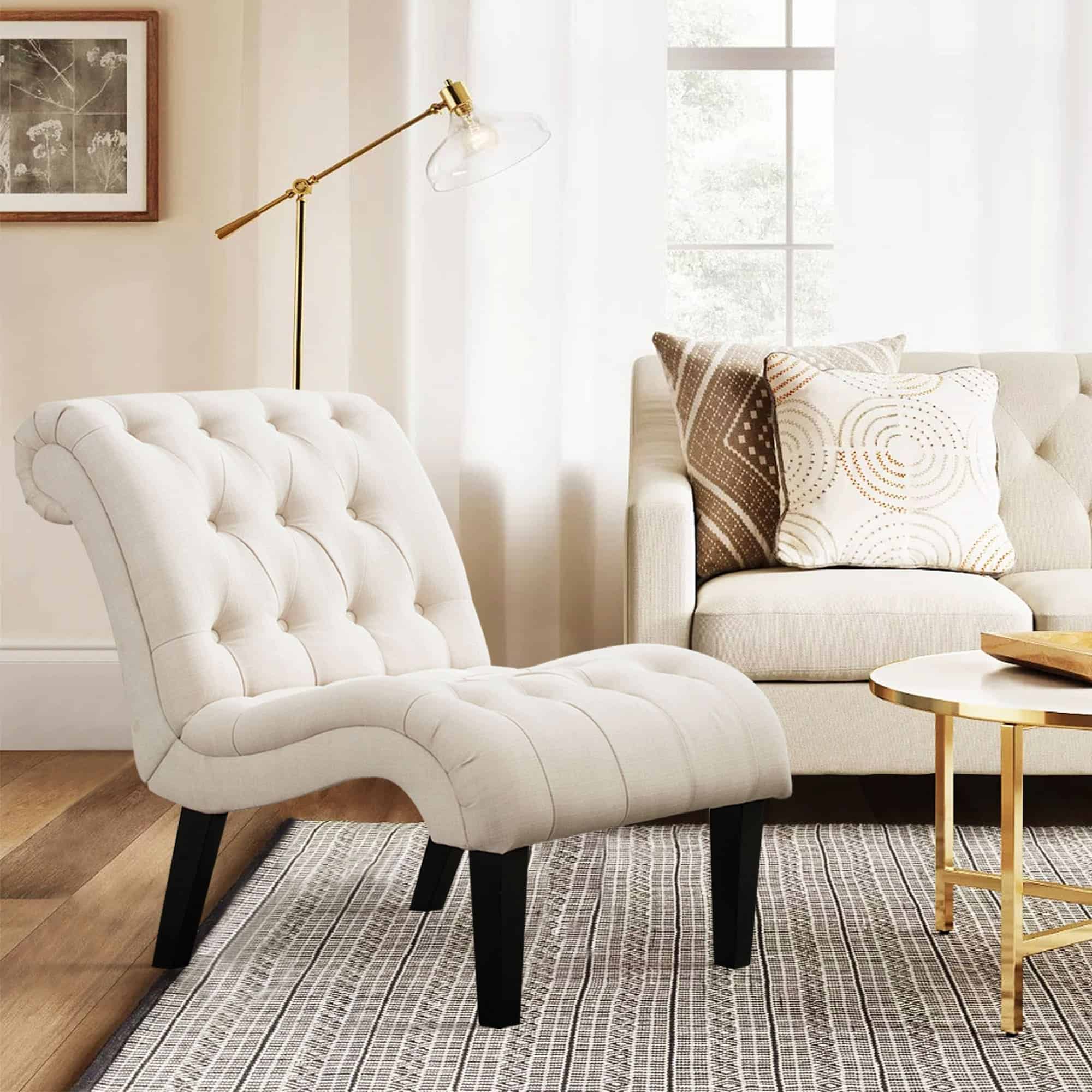 Andeworld Accent Chair for Bedroom Living Room Chairs Tufted Upholstered Lounge Chair with Wood Legs Linen Fabric, Cream
