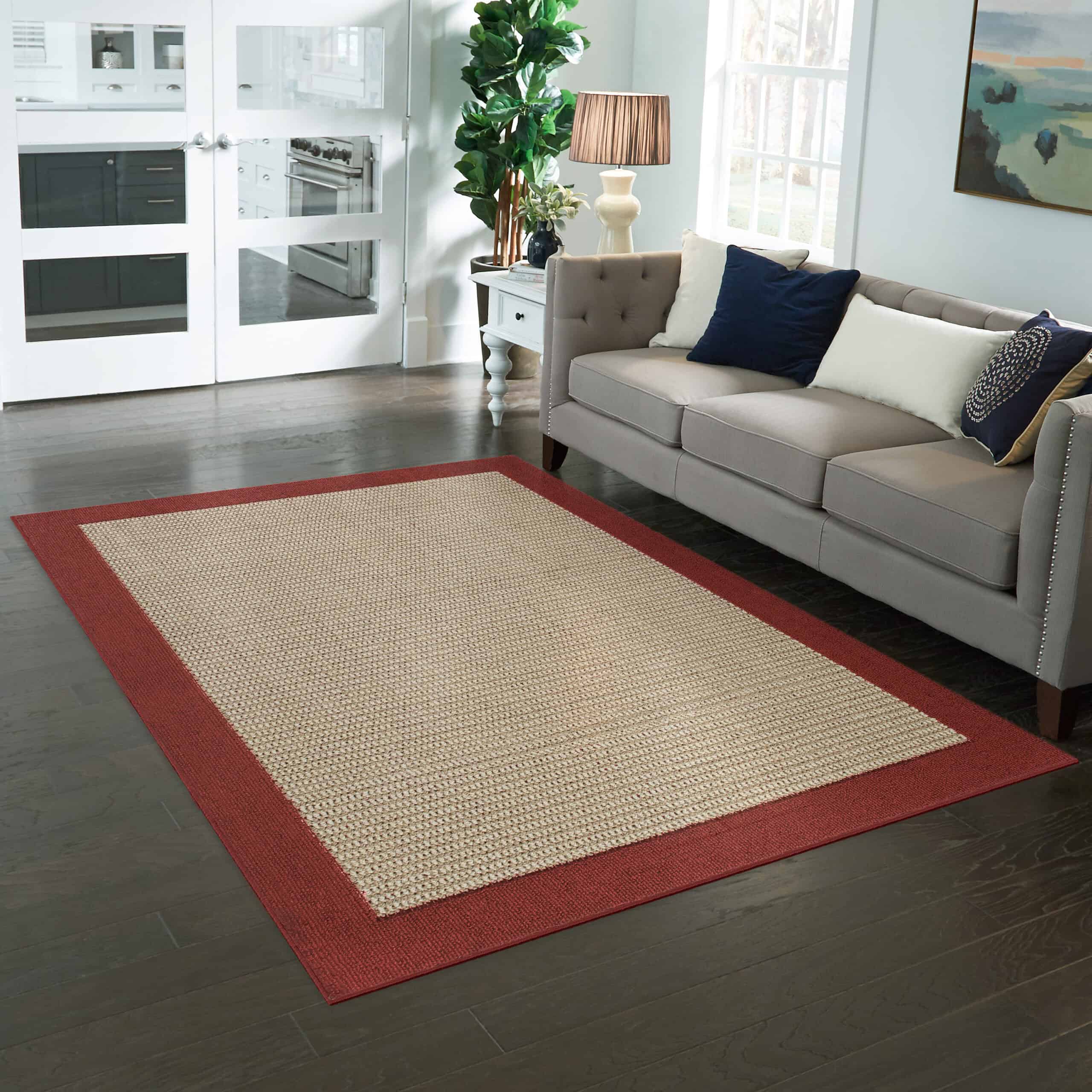 Mainstays Traditional Faux Sisal Olefin Red Border Indoor Living Room Area Rug, 7'6" x 10', Red