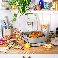 Beautiful 5 in 1 Electric Skillet - Expandable up to 7 Qt with Glass Lid, Porcini Taupe by Drew Barrymore