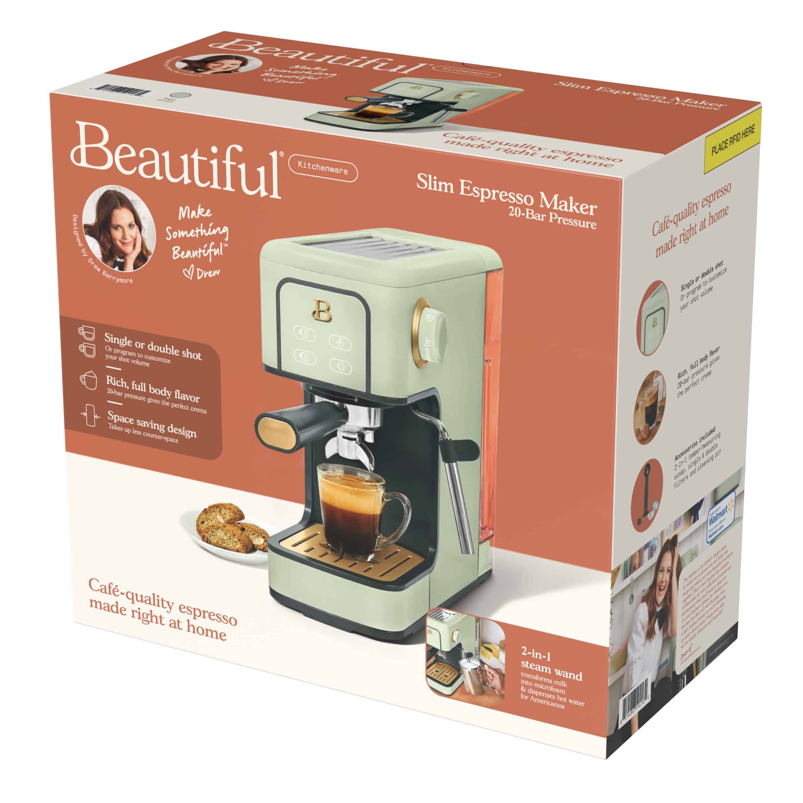 Beautiful Slim Espresso Maker with 20-Bar Pressure, Sage Green by Drew Barrymore