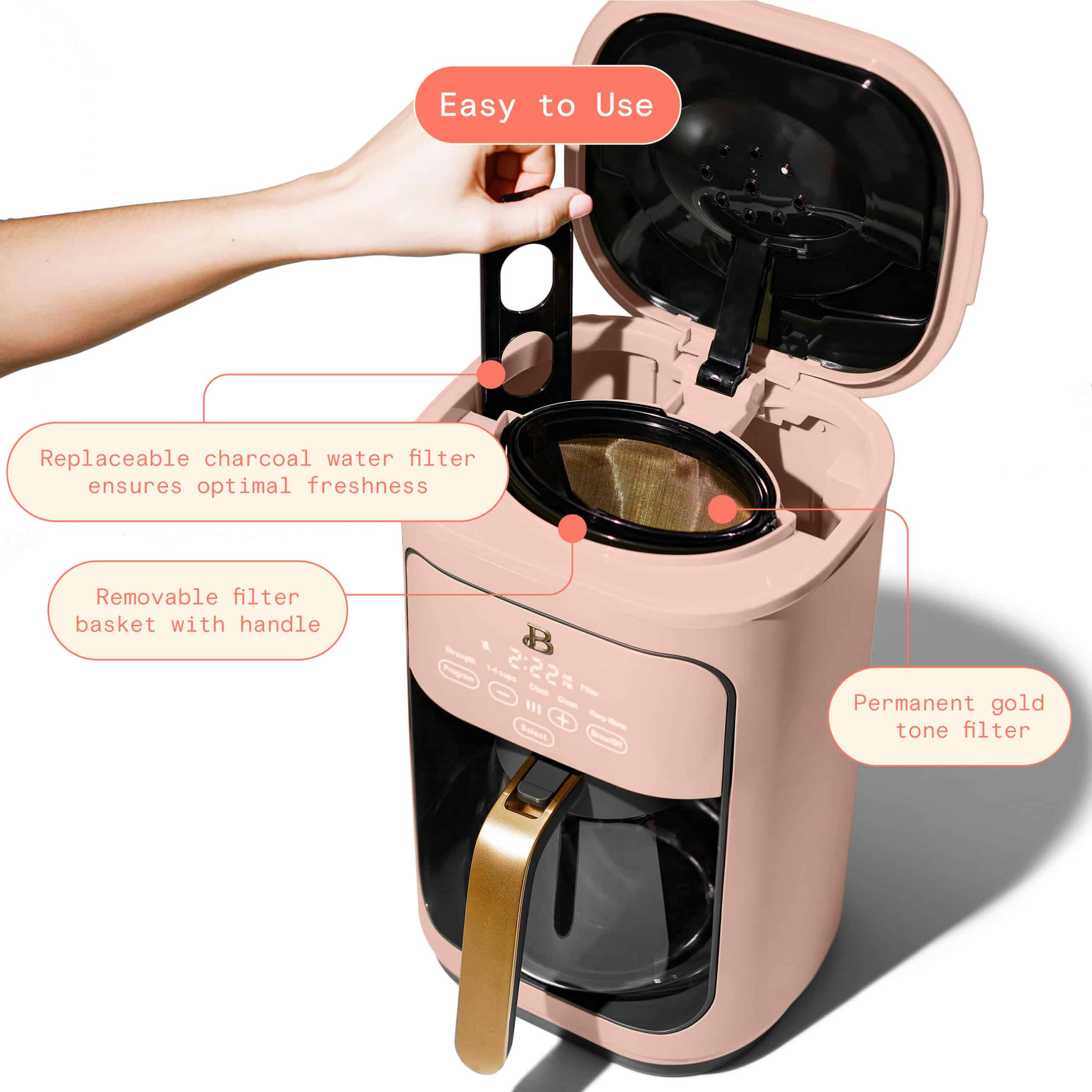 Beautiful 14-Cup Programmable Drip Coffee Maker with Touch-Activated Display, Rose by Drew Barrymore