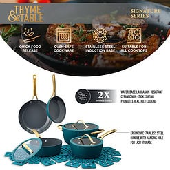 Thyme & Table Signature Ribbed 12-Piece Cookware Set Non-Stick - Peacock Blue