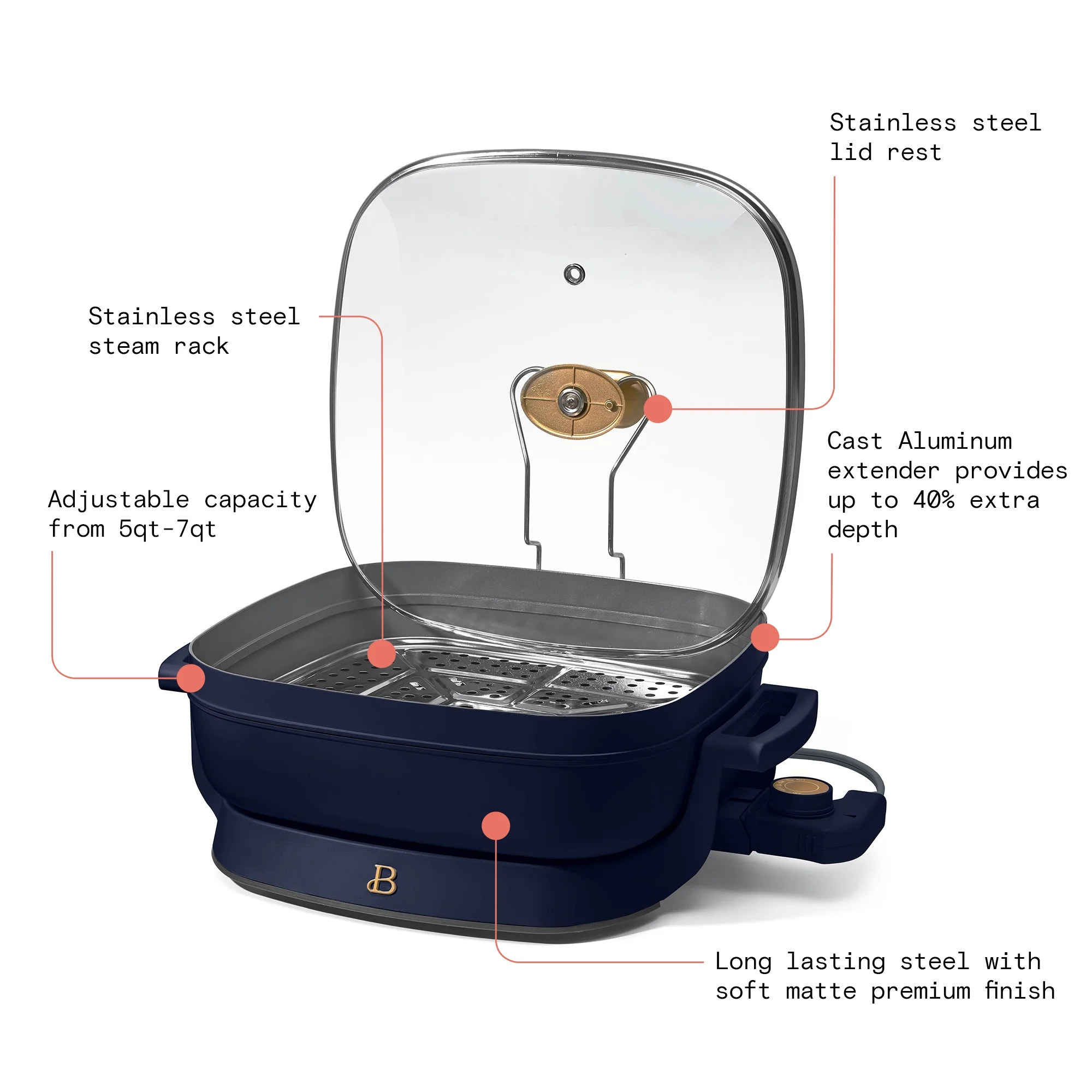 Beautiful 5 in 1 Electric Skillet - Expandable up to 7 Qt with Glass Lid, Starry Night by Drew Barrymore, Blue - Image 13