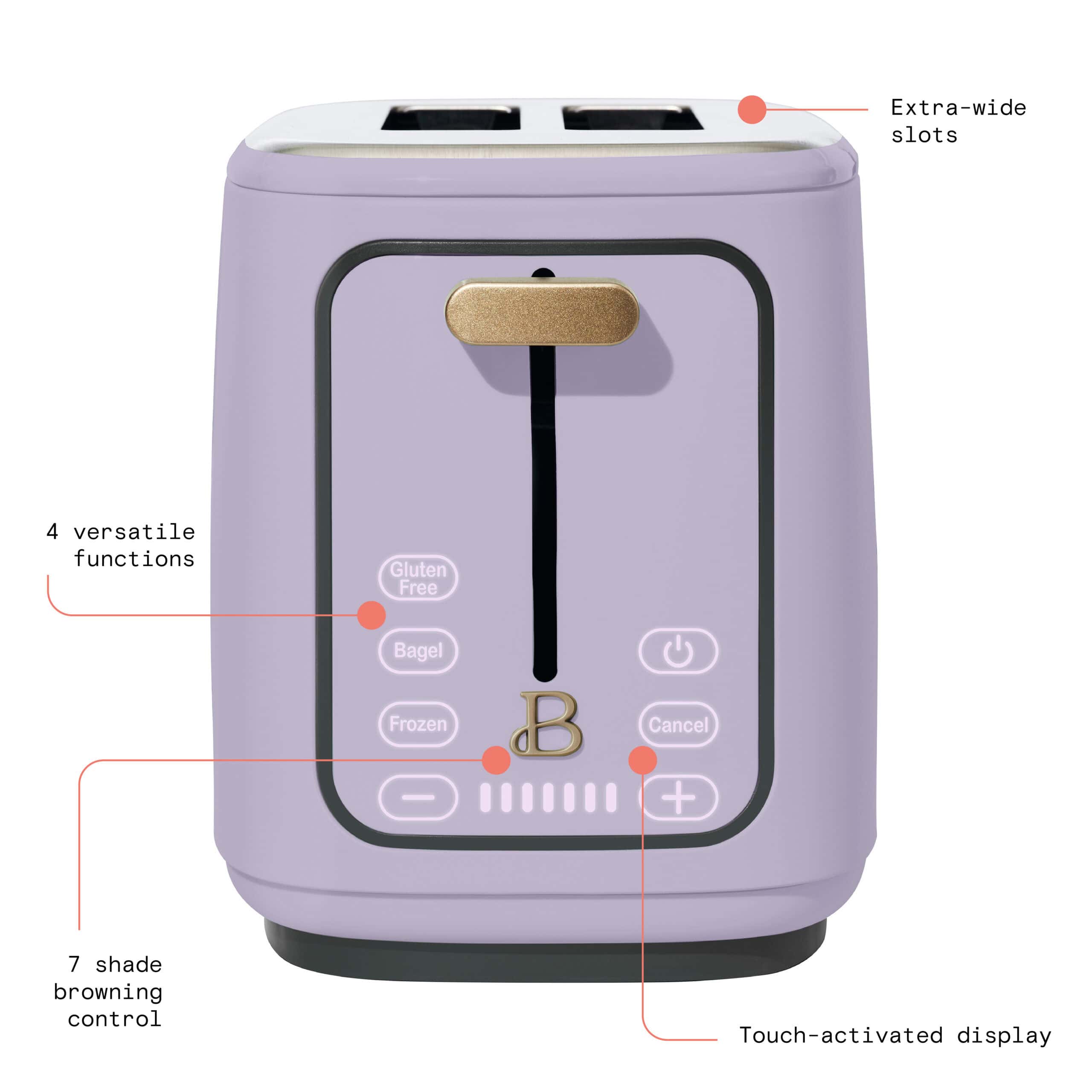 Beautiful 2 Slice Toaster with Touch-Activated Display, Lavender by Drew Barrymore