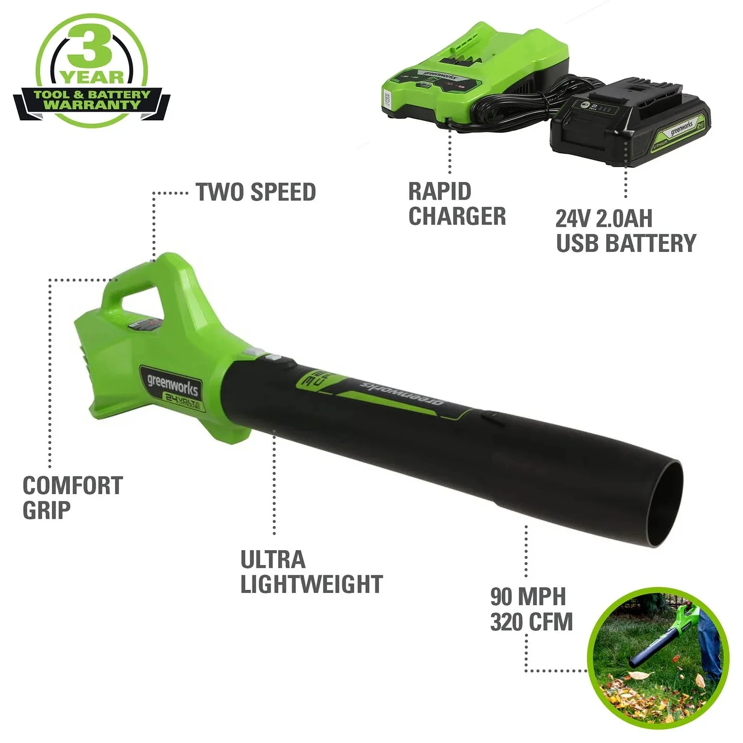 Greenworks 24V Cordless Axial Blower (90 Mph / 320 Cfm) with 2Ah USB Battery & Charger 2415702 - Image 2