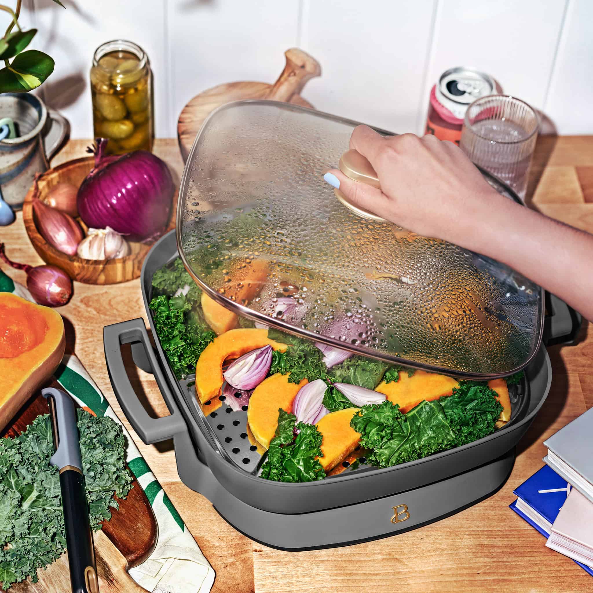 Beautiful 5 in 1 Electric Skillet - Expandable up to 7 Qt with Glass Lid, Oyster Gray by Drew Barrymore