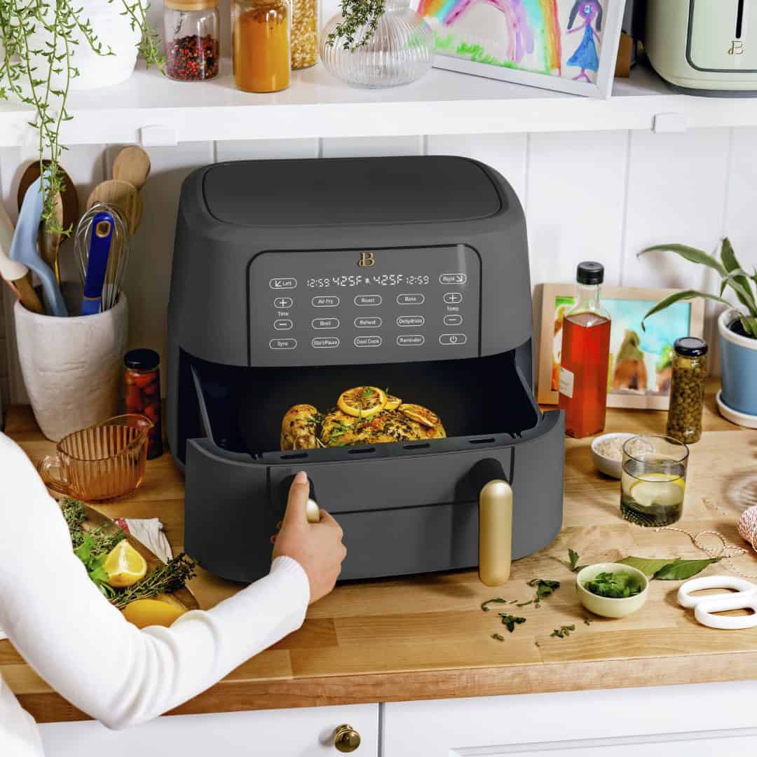 Beautiful 9 QT TriZone Air Fryer, Oyster Grey by Drew Barrymore