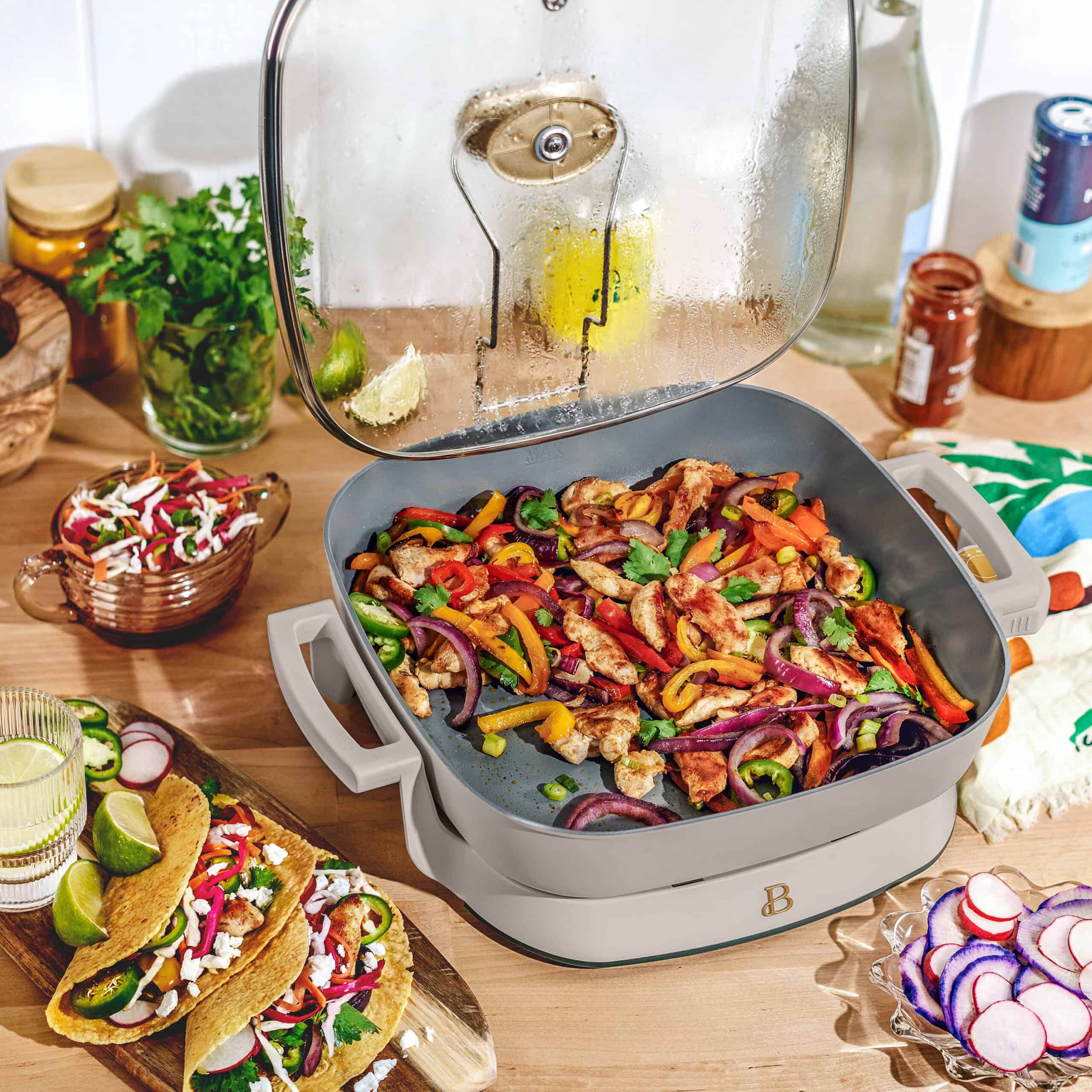 Beautiful 5 in 1 Electric Skillet - Expandable up to 7 Qt with Glass Lid, Porcini Taupe by Drew Barrymore