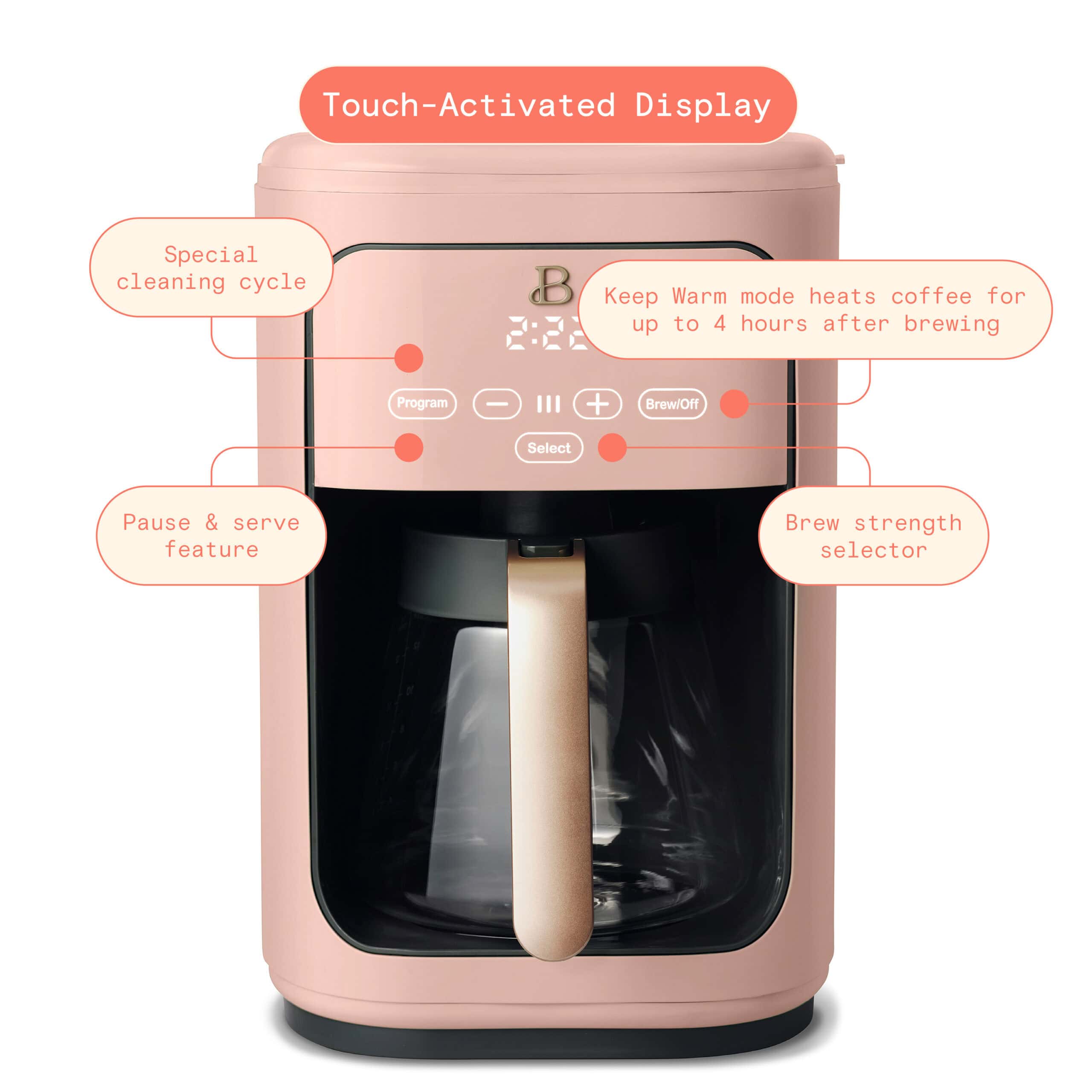 Beautiful 14-Cup Programmable Drip Coffee Maker with Touch-Activated Display, Rose by Drew Barrymore