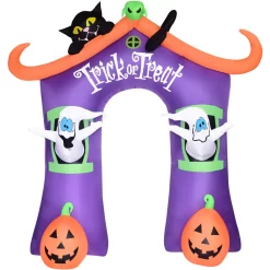 Haunted Hill Farm 9-ft Pre-Lit Inflatable Trick or Treat Walkway Arch with Black Cat, Jack-O-Lantern, and Ghost