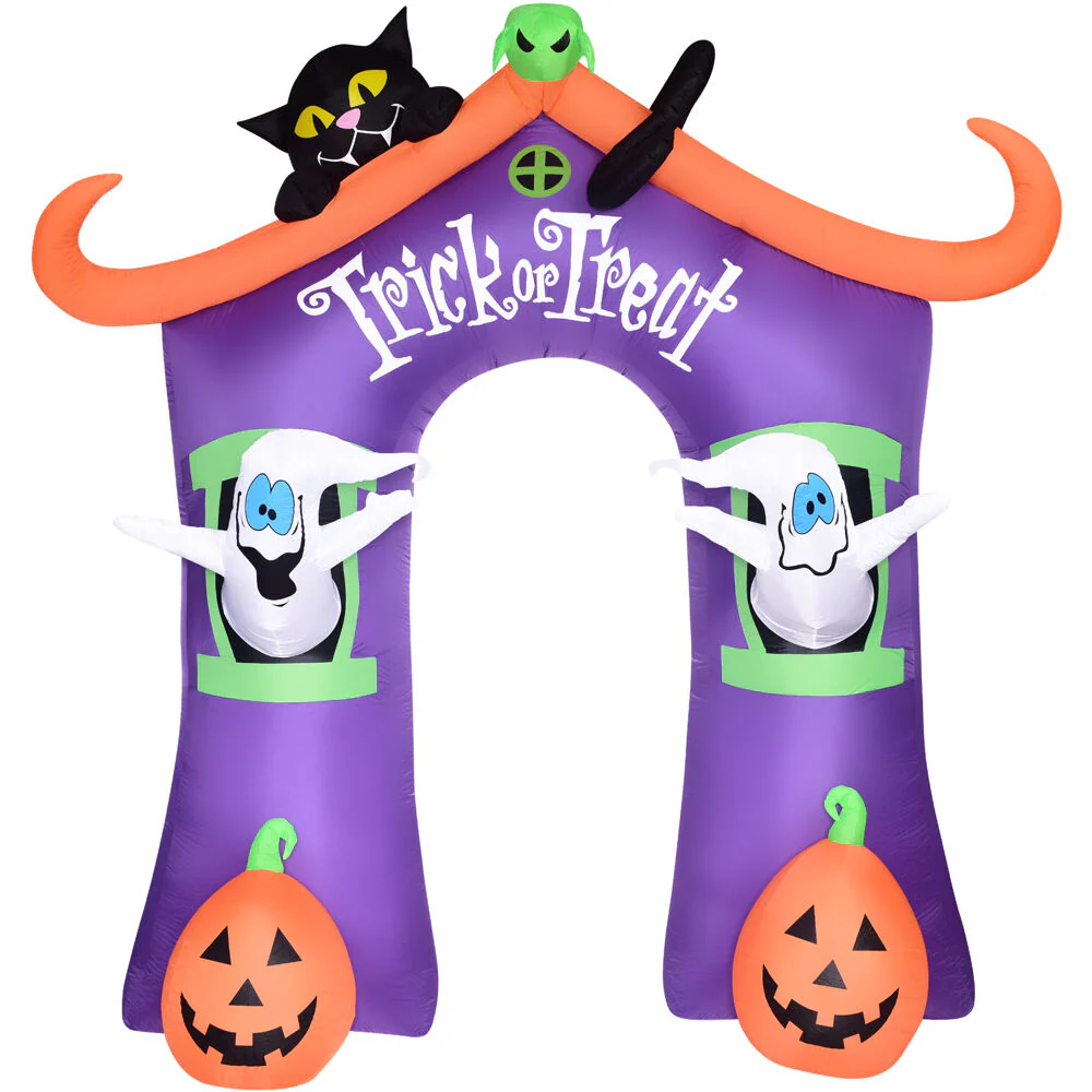 Haunted Hill Farm 9-ft Pre-Lit Inflatable Trick or Treat Walkway Arch with Black Cat, Jack-O-Lantern, and Ghost