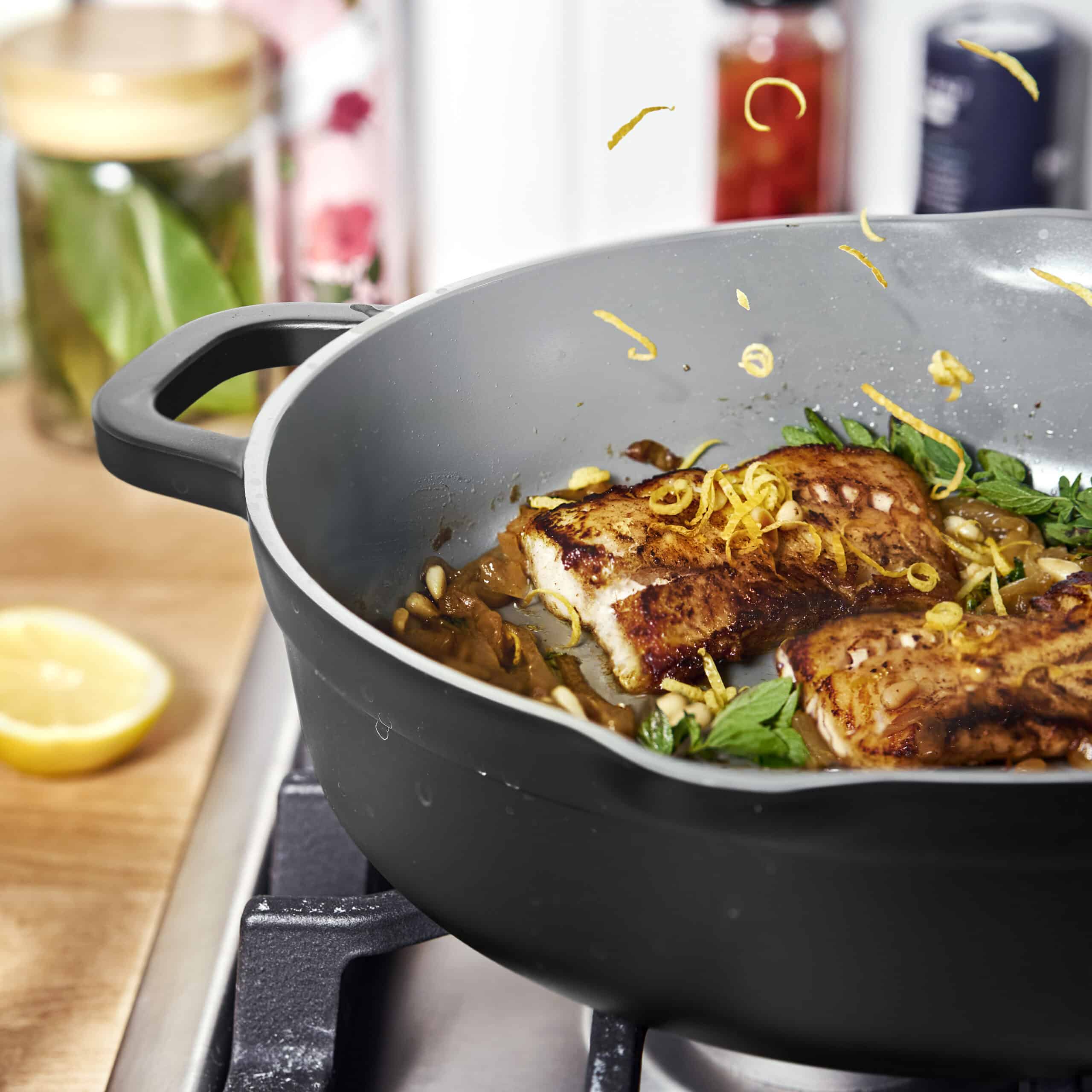 Beautiful All-in-One 4 QT Hero Pan with Steam Insert, 3 Pc Set, Black Sesame by Drew Barrymore