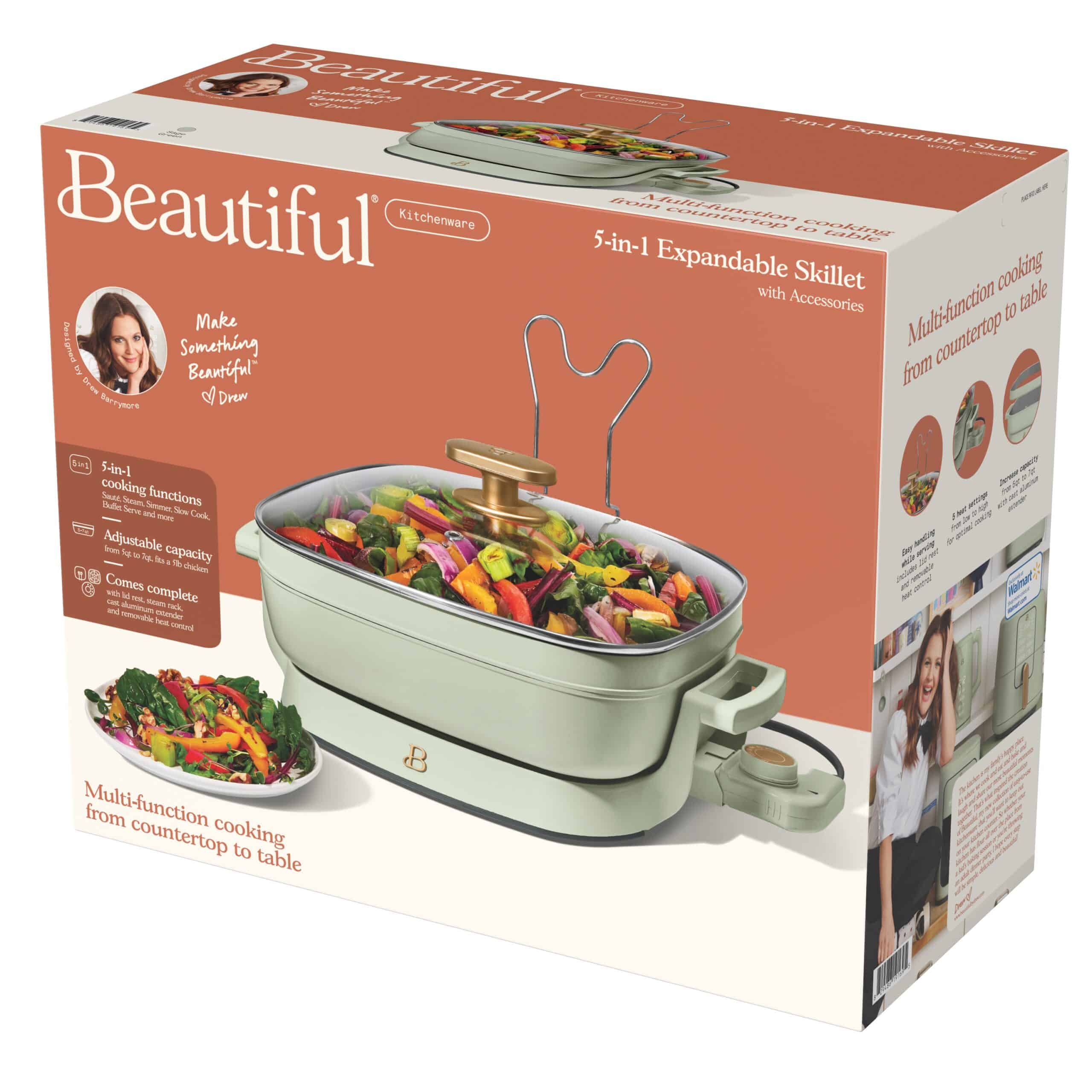 Beautiful 5 in 1 Electric Skillet - Expandable up to 7 Qt with Glass Lid, Sage Green by Drew Barrymore