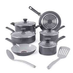 T-fal Easy Care Ceramic Non-Stick, 12 Piece Pots and Pans Cookware Set, Grey