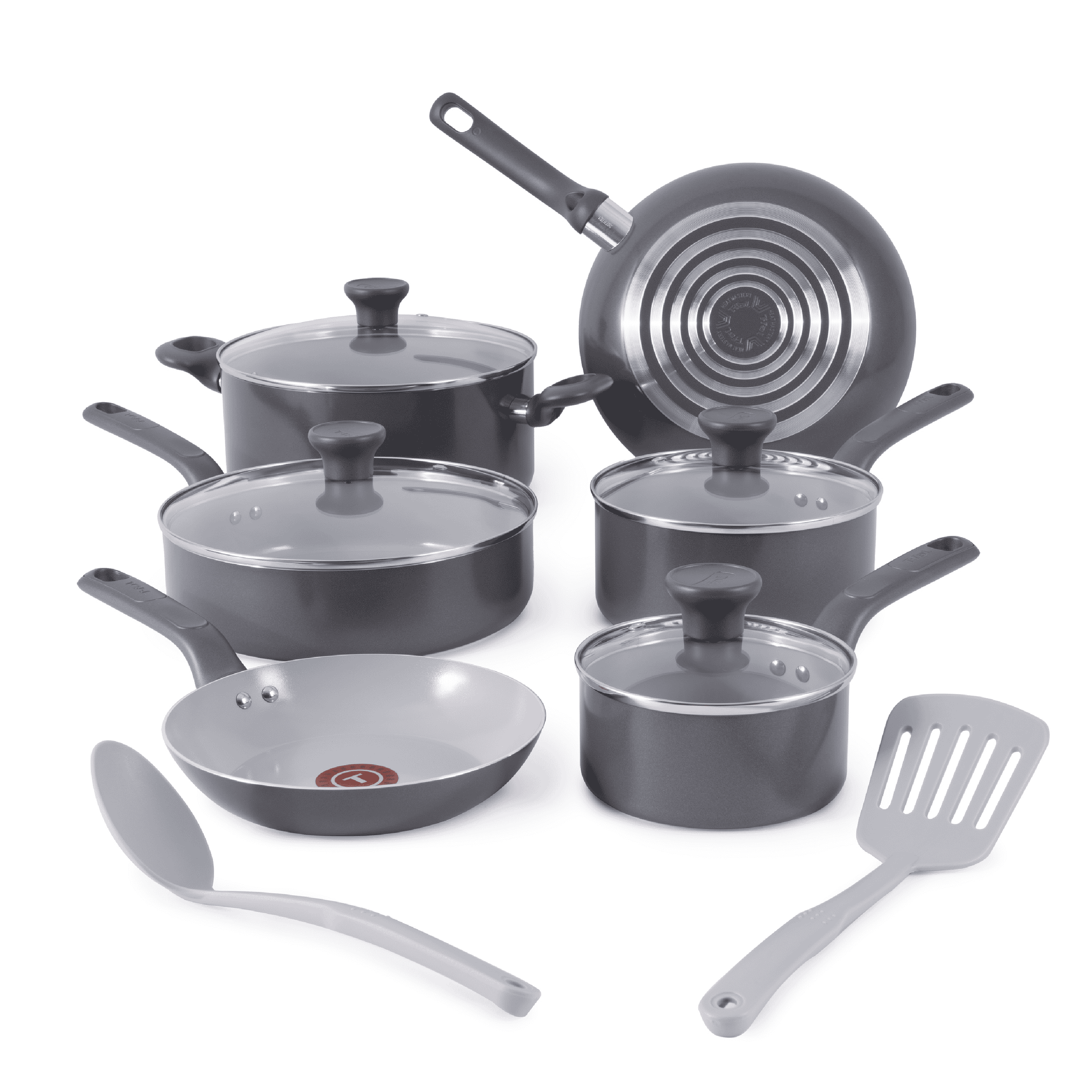 T-fal Easy Care Ceramic Non-Stick, 12 Piece Pots and Pans Cookware Set, Grey