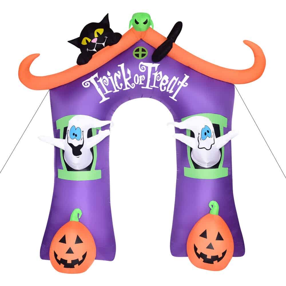 Haunted Hill Farm 9-ft Pre-Lit Inflatable Trick or Treat Walkway Arch with Black Cat, Jack-O-Lantern, and Ghost