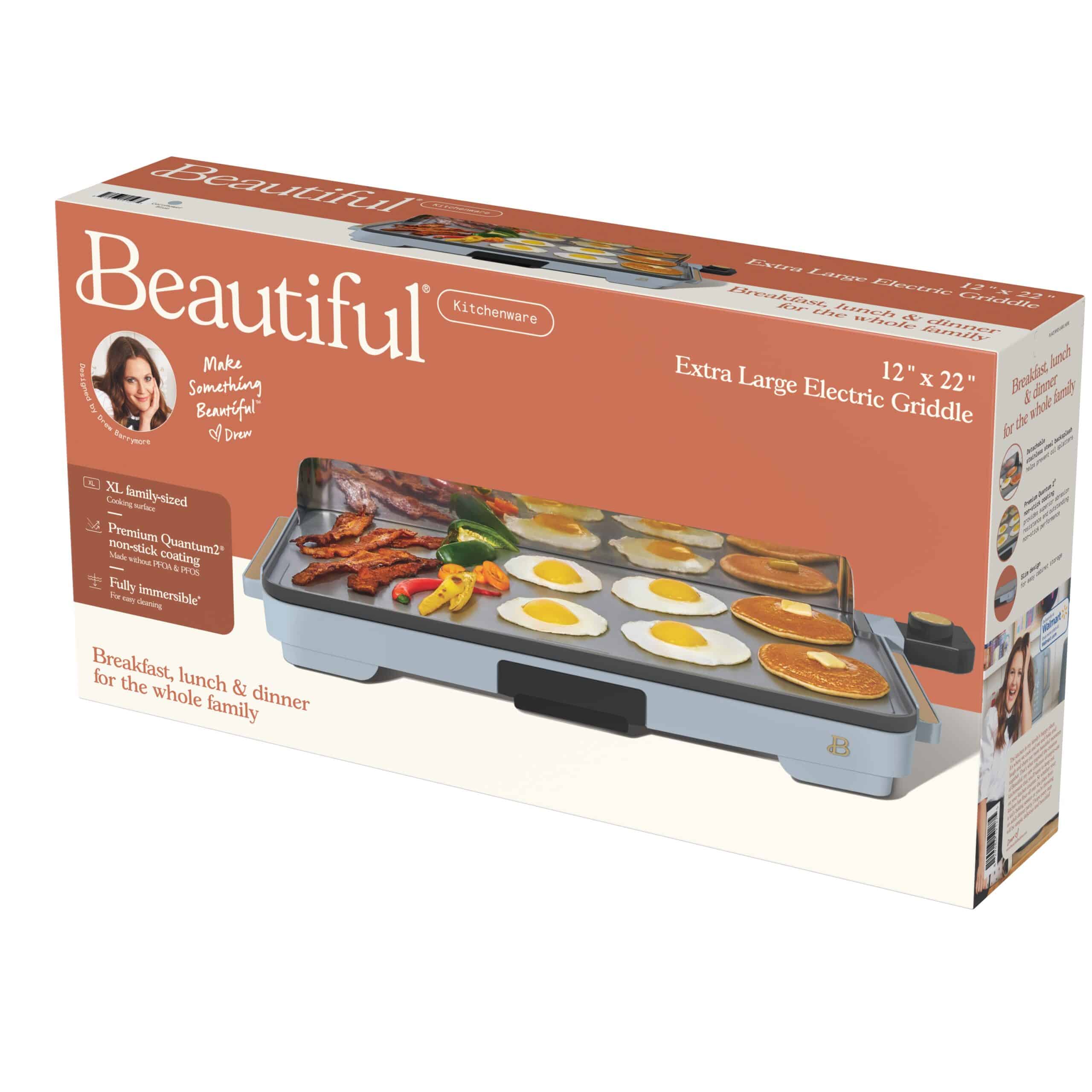 Beautiful XL Electric Griddle 12" x 22"- Non-Stick, Cornflower Blue by Drew Barrymore