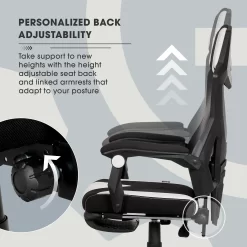 Gamer Gear Gaming Office Chair with Extendable Leg Rest, White and Black Fabric Upholstery