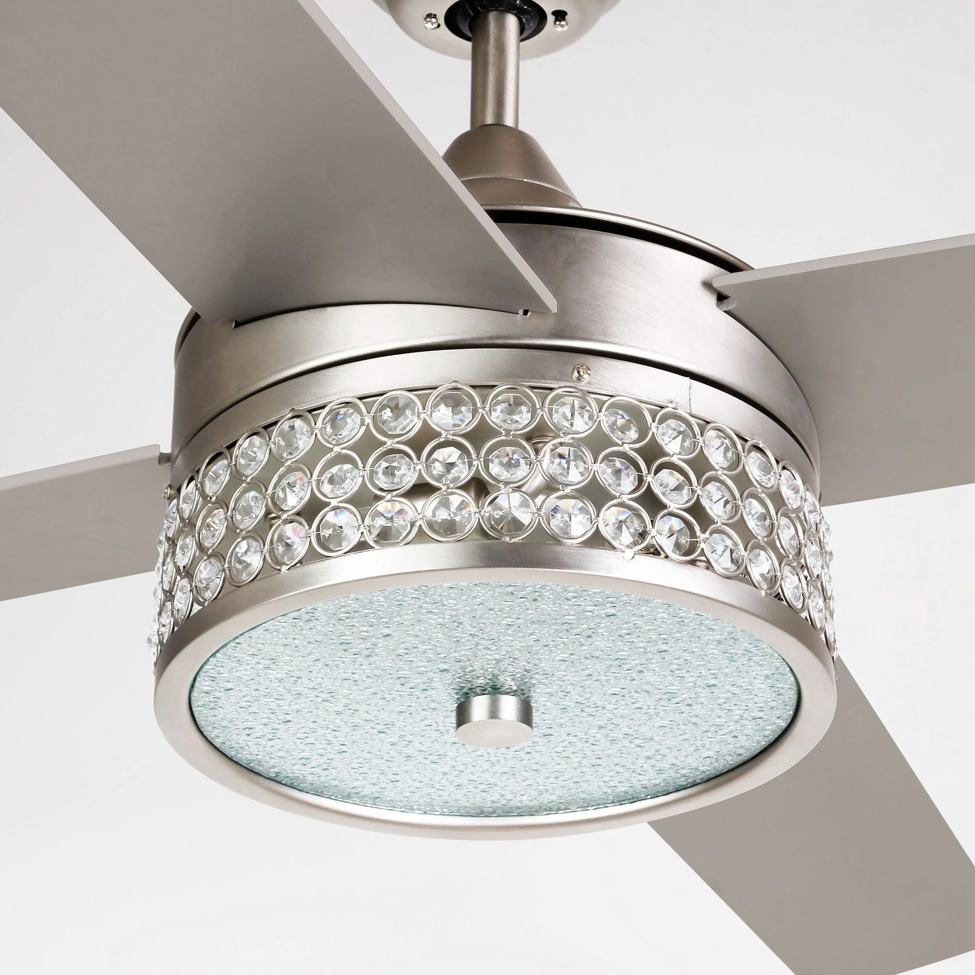 Parrot Uncle 52-inch Wooden 4-Blade Nickel Crystal Ceiling Fan with Remote, Satin Nickel