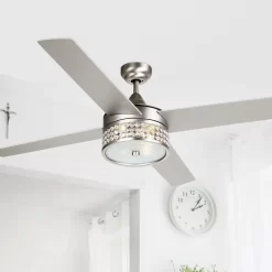 Parrot Uncle 52-inch Wooden 4-Blade Nickel Crystal Ceiling Fan with Remote, Satin Nickel