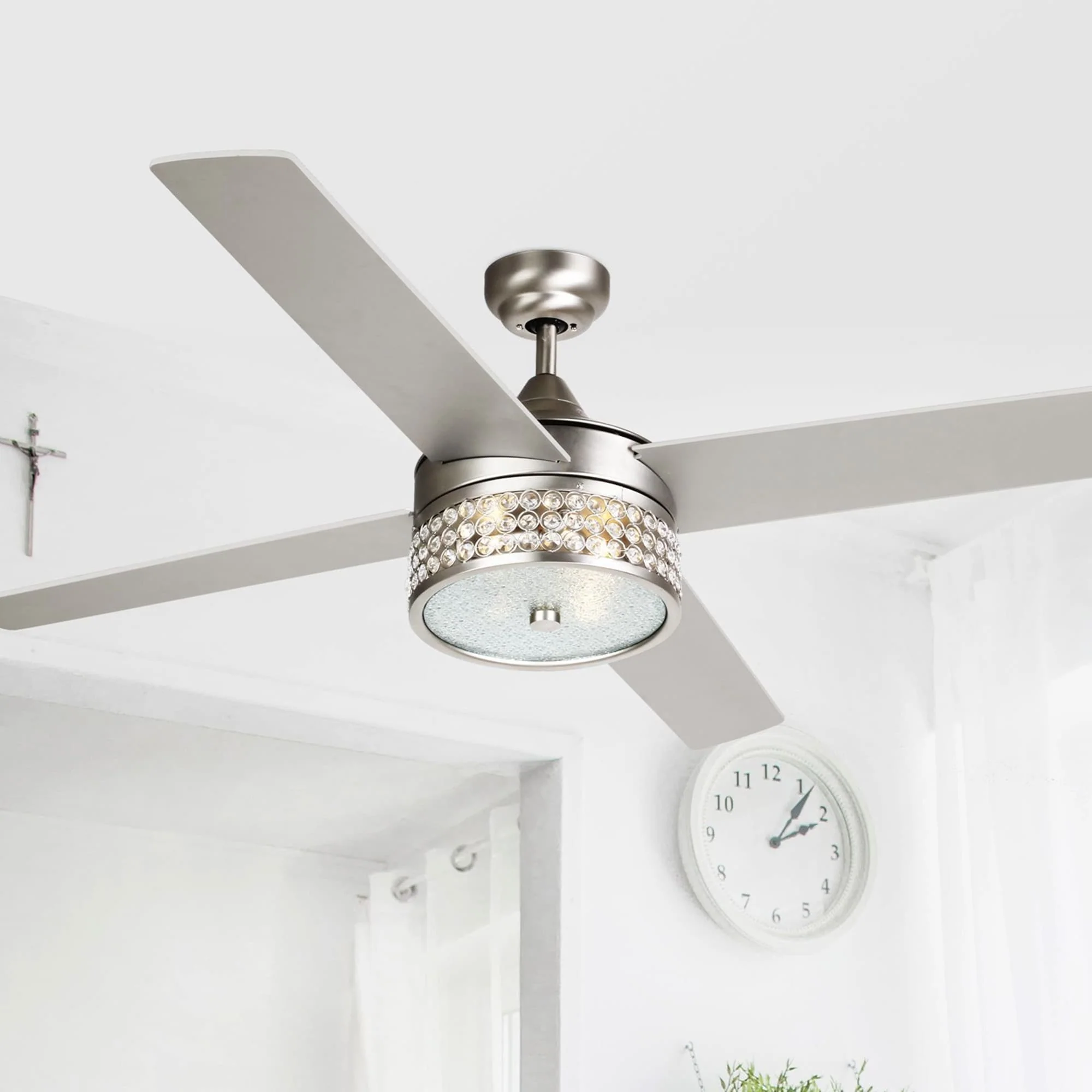 Parrot Uncle 52-inch Wooden 4-Blade Nickel Crystal Ceiling Fan with Remote, Satin Nickel