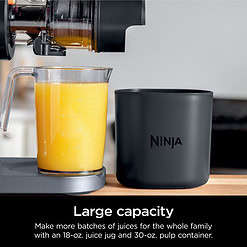 Ninja NeverClog 150 Watts Cold Press Juicer with 18oz Jug, 30oz Pulp Container, 2-Speed, Compact, Red