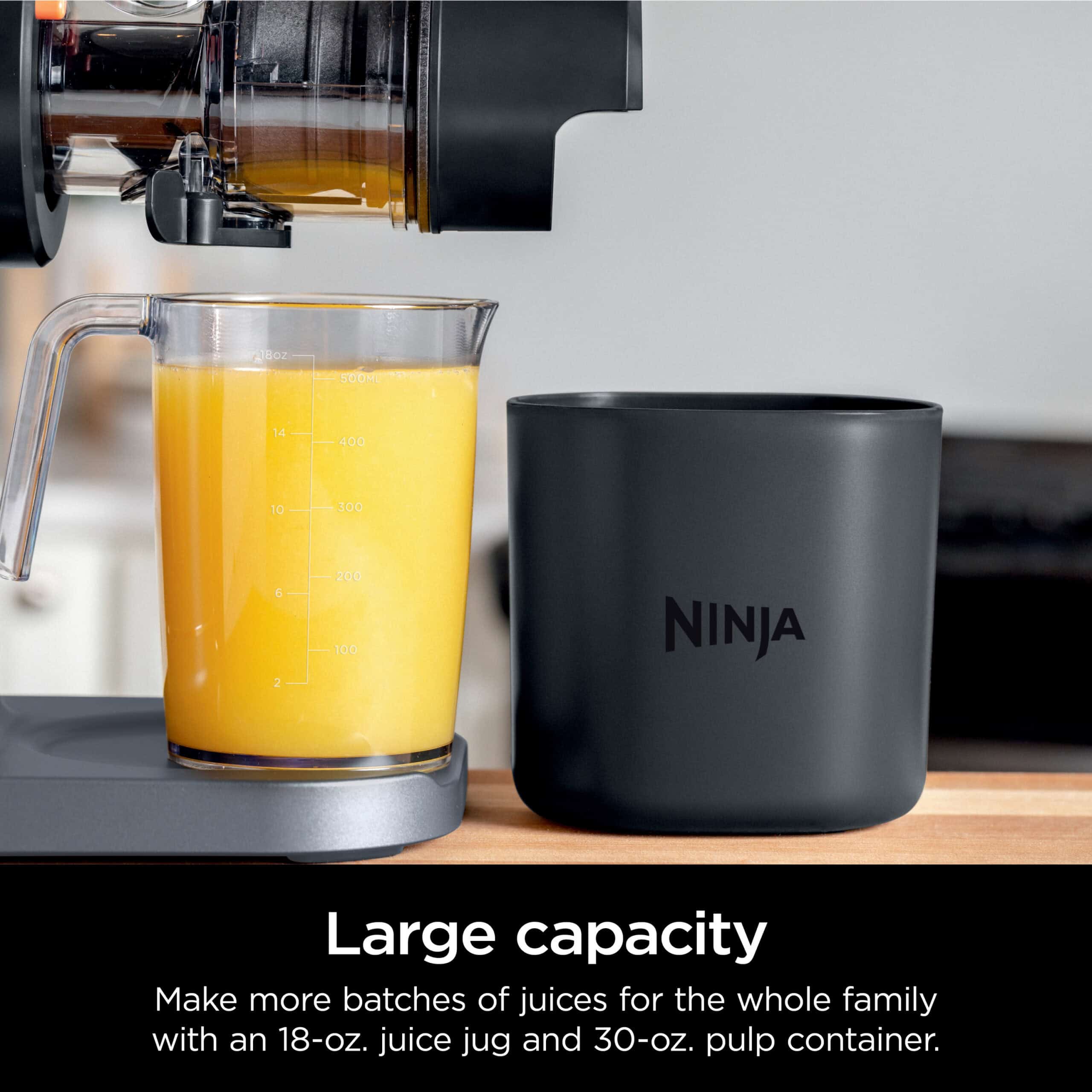 Ninja NeverClog 150 Watts Cold Press Juicer with 18oz Jug, 30oz Pulp Container, 2-Speed, Compact, Red