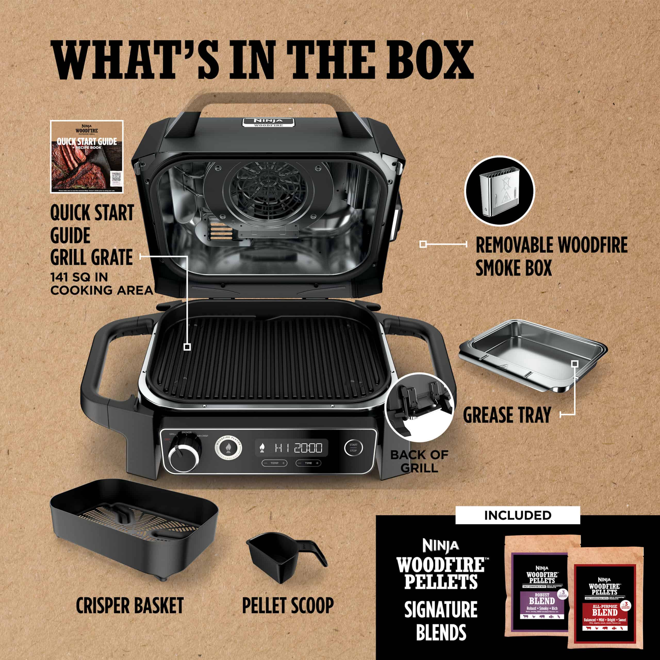Ninja Woodfire 141 sq in 1760 Watts Electric Outdoor Grill & Smoker with Air Fry, BBQ Smoke, and Real Wood Pellet Flavor