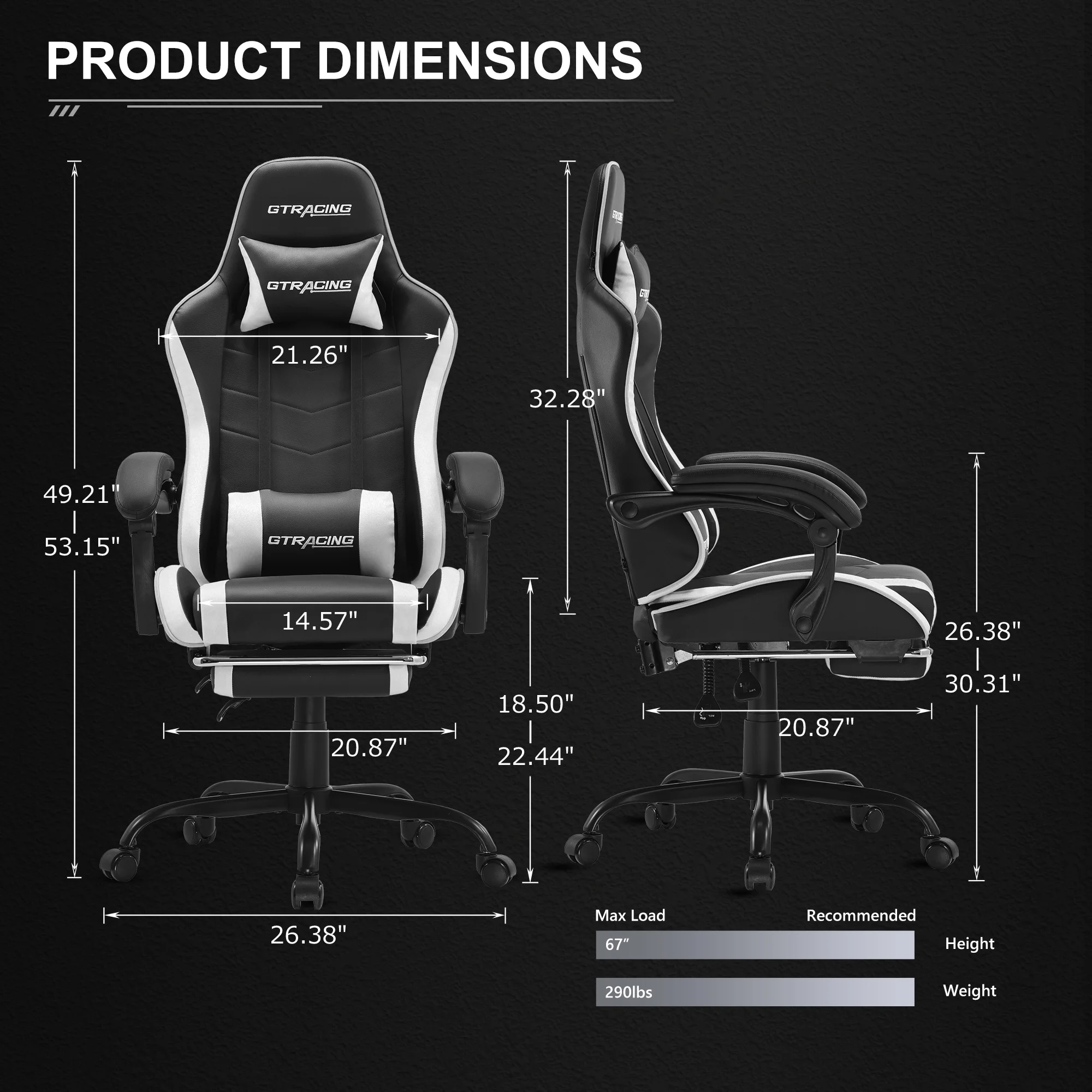 GTRACING GTWD-200 Gaming Chair with Footrest, Height Adjustable Office Swivel Recliner, White