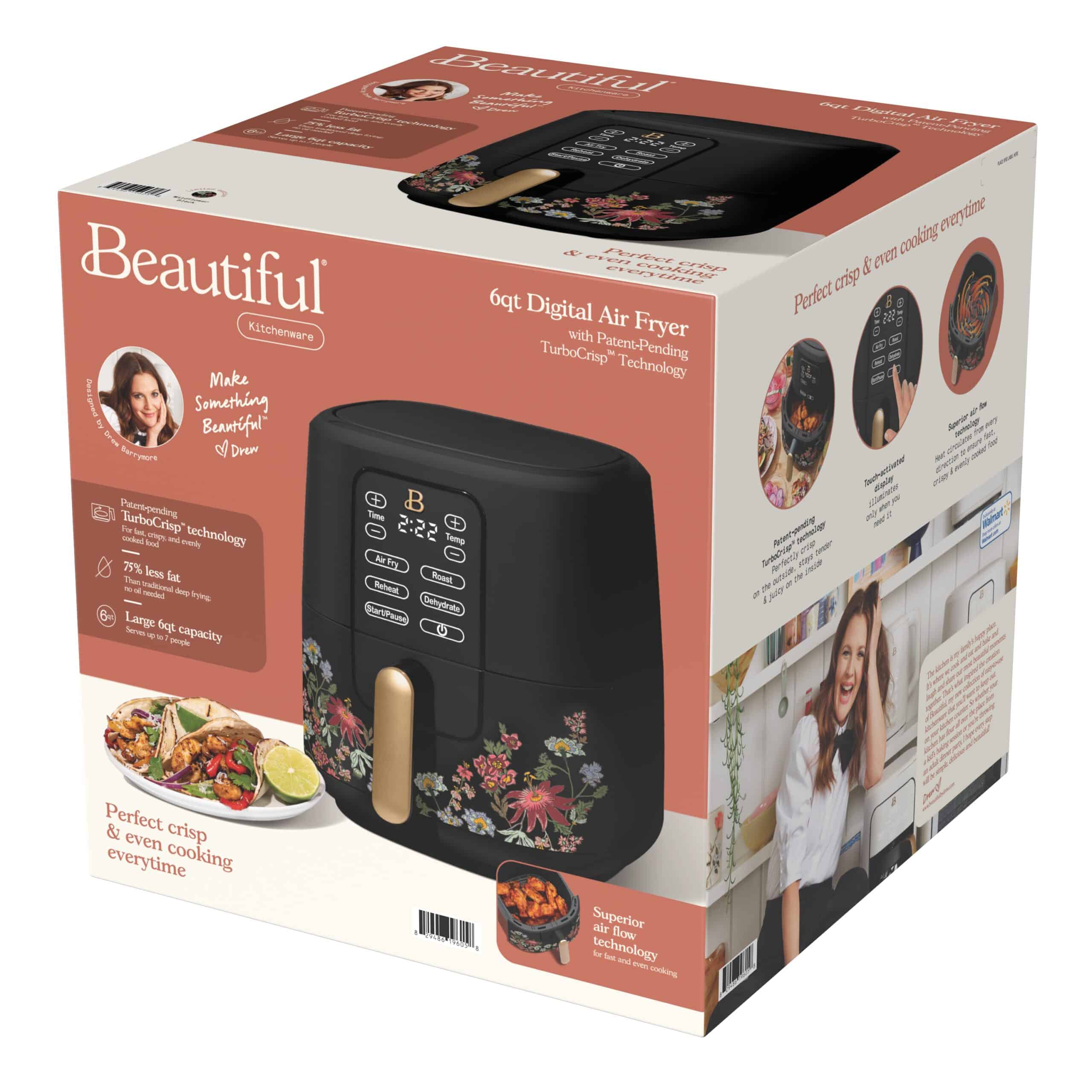 Beautiful 6 Qt Air Fryer with TurboCrisp Technology and Touch-Activated Display, Wildflower by Drew Barrymore, Black