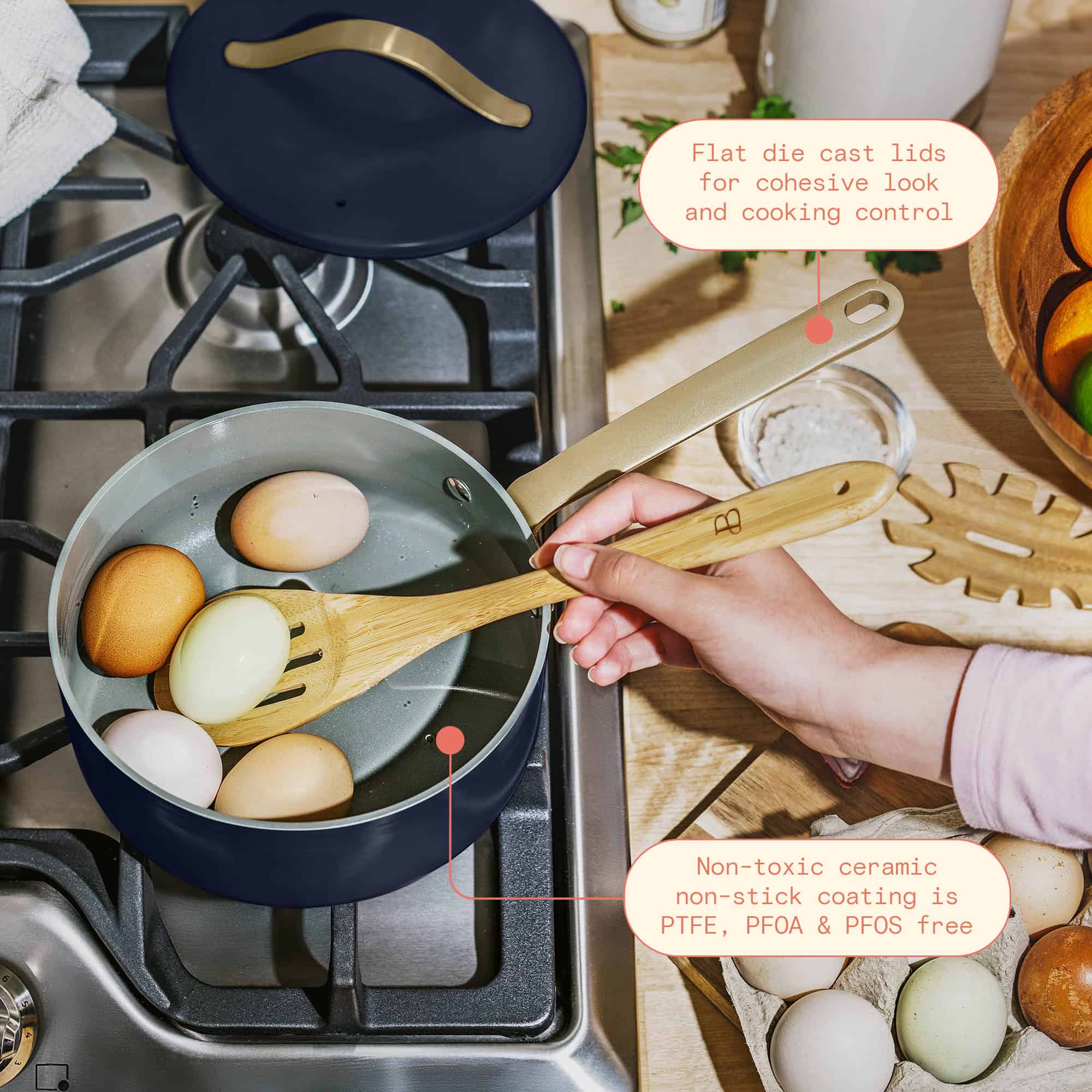 Beautiful 12pc Ceramic Non-Stick Cookware Set, Starry Night by Drew Barrymore, Blue