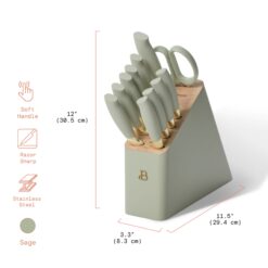 Beautiful 12pc Sage Green Stainless Steel Knife Block Set Soft-Grip Handles by Drew Barrymore