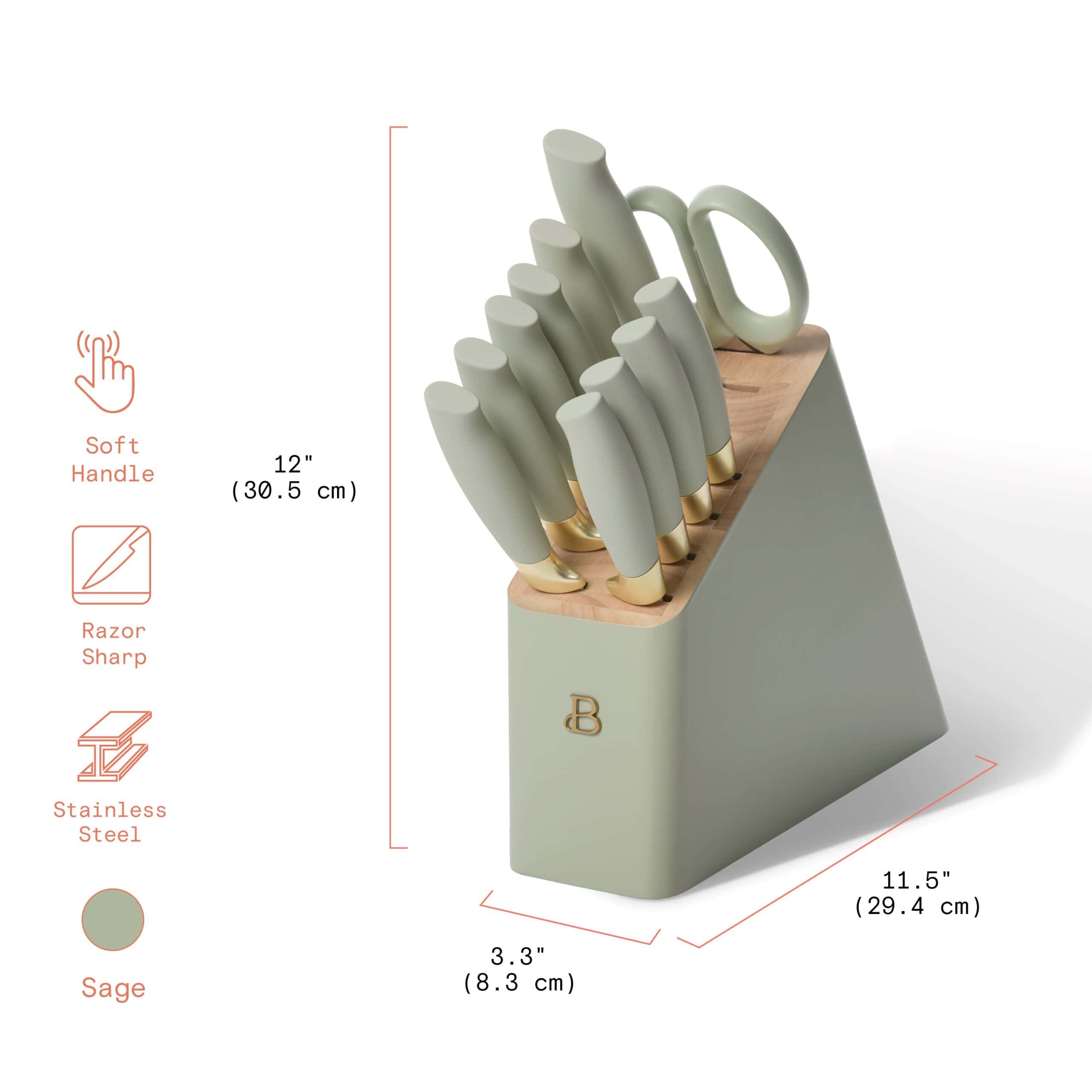 Beautiful 12pc Sage Green Stainless Steel Knife Block Set Soft-Grip Handles by Drew Barrymore