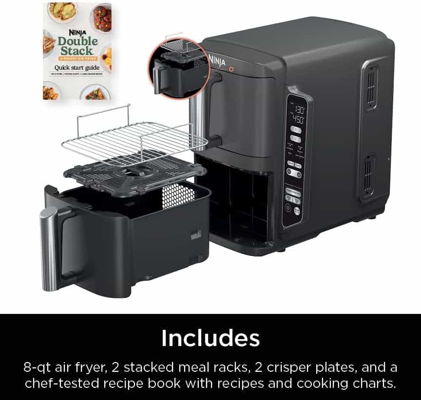 Ninja DoubleStack 2-Basket Air Fryer, DoubleStack Technology Cooks 4 Foods at Once, Space Saving Design, 8 QT, Black, SL201