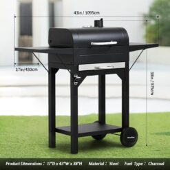 MASTER COOK Charcoal Grill with Two Side Tables, Heavy-duty Steel Barbecue BBQ Grill for Outdoor Picnic Backyard Patio and Parties, Black