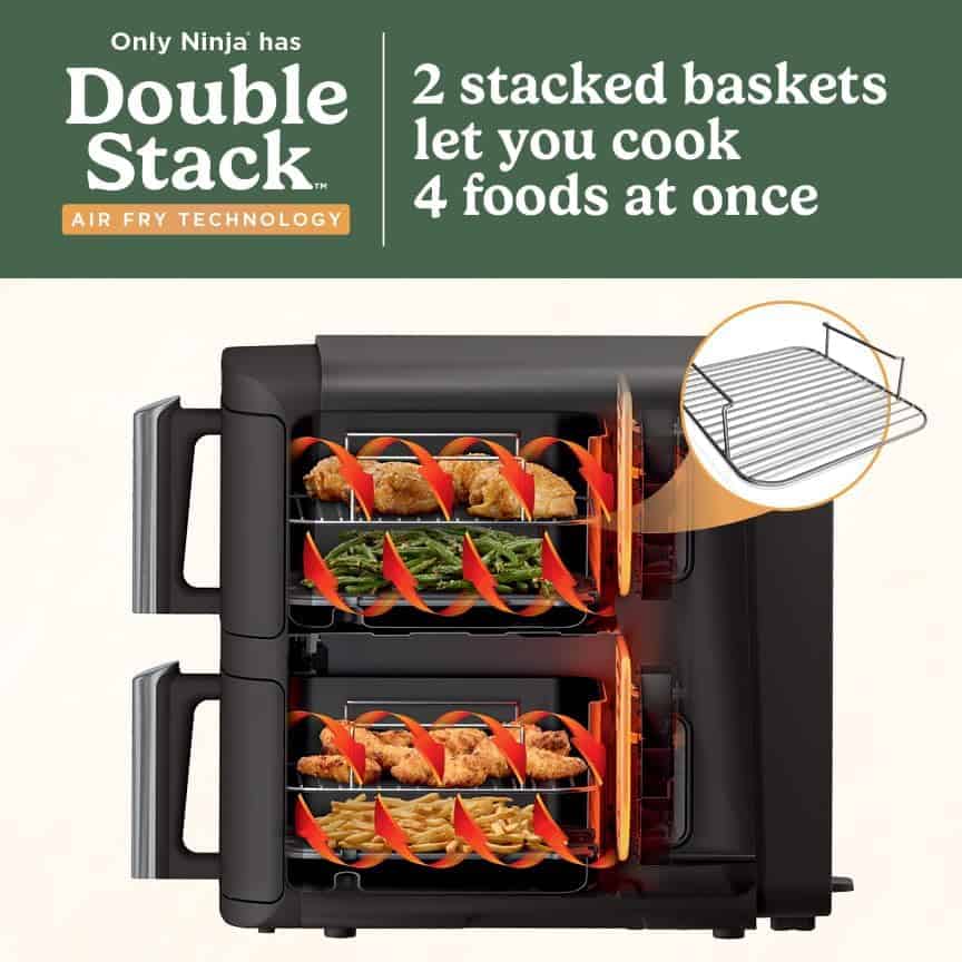 Ninja DoubleStack 2-Basket Air Fryer, DoubleStack Technology Cooks 4 Foods at Once, Space Saving Design, 8 QT, Black, SL201
