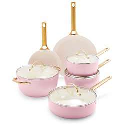 GreenPan Reserve Hard Anodized Healthy Ceramic Nonstick 10 Piece Cookware Pots and Pans Set, Gold Handle, Blush Pink