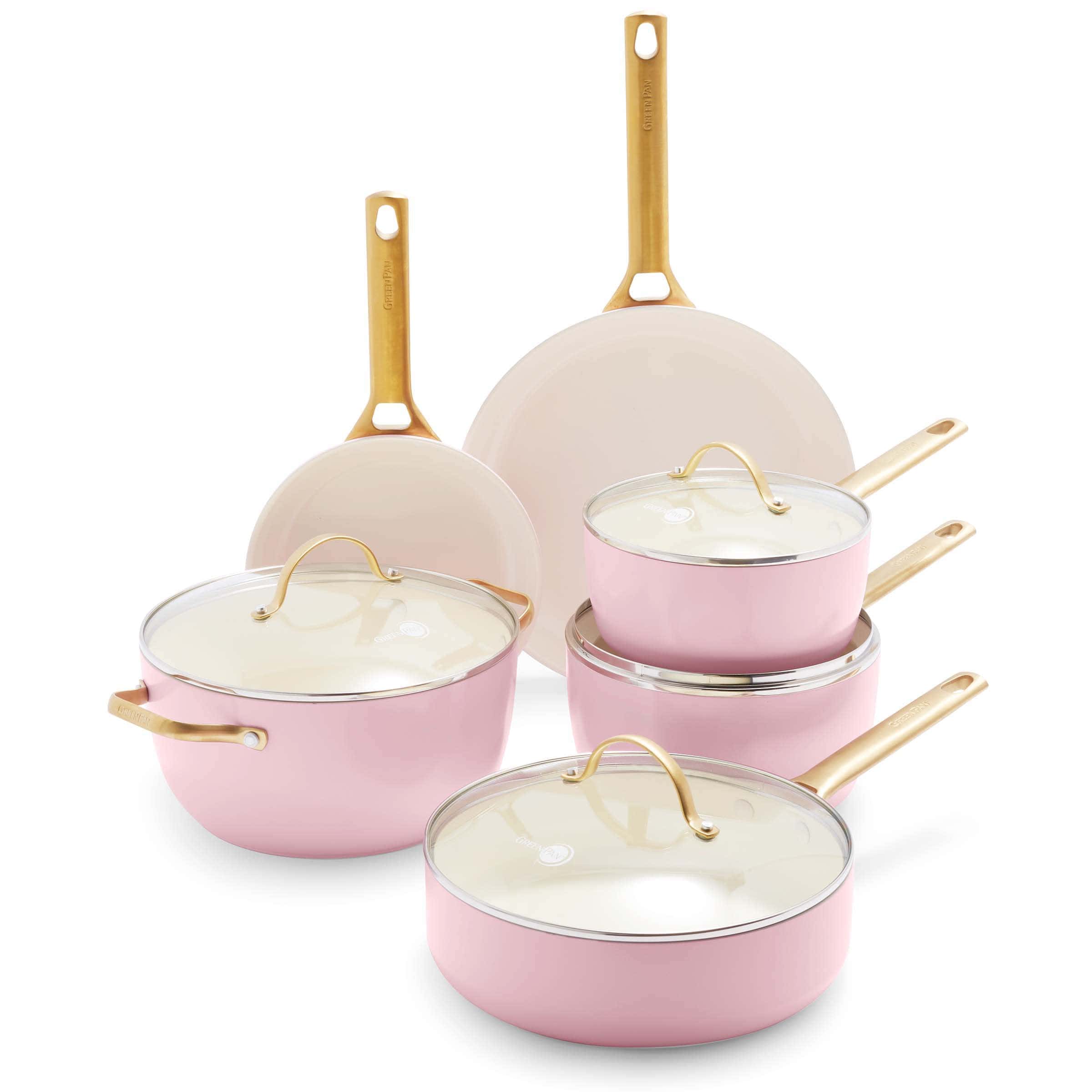 GreenPan Reserve Hard Anodized Healthy Ceramic Nonstick 10 Piece Cookware Pots and Pans Set, Gold Handle, Blush Pink