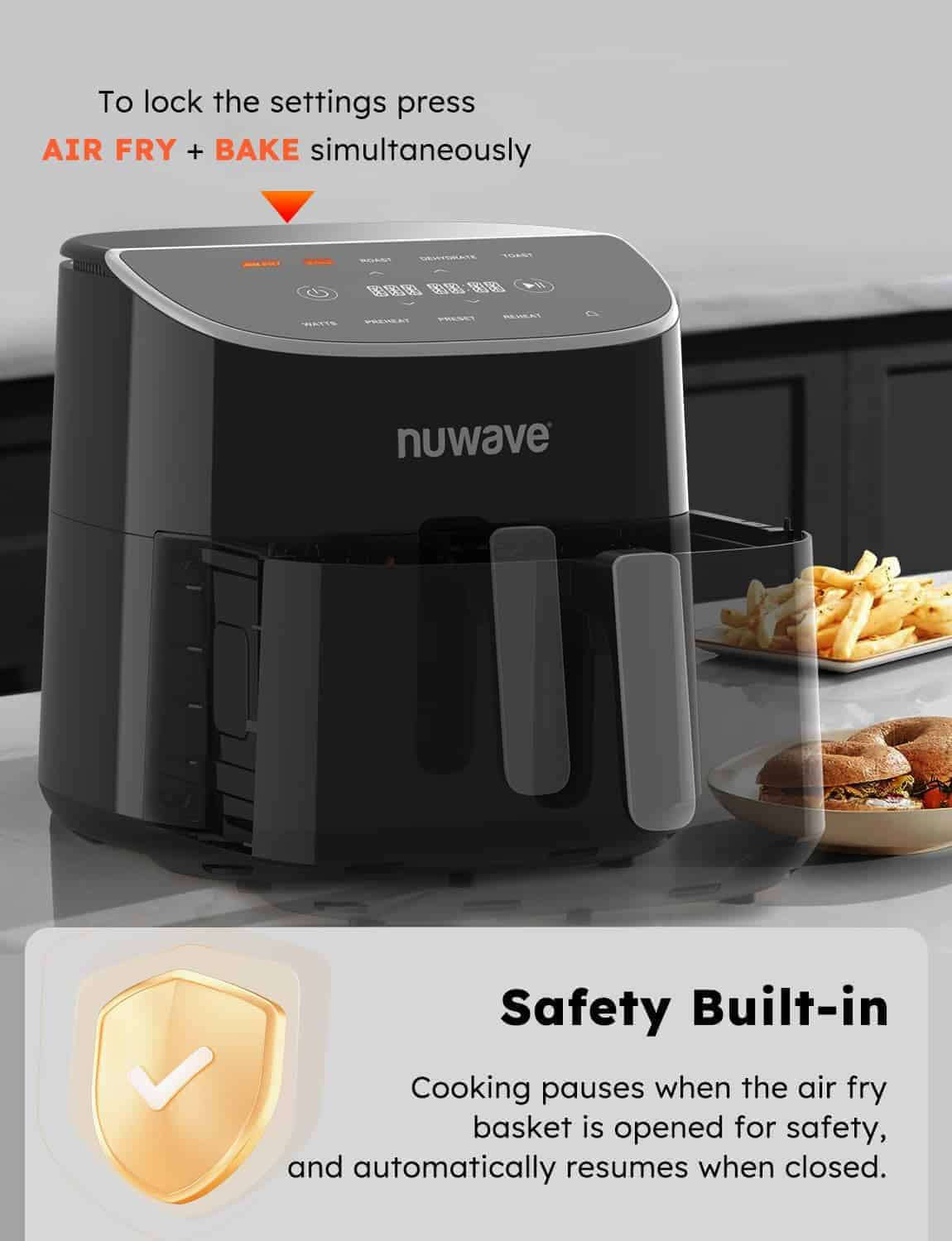 Nuwave Brio Plus 8 Qt Air Fryer, PFAS Free, New & Improved, Digital Touch Screen, Cool White Display, Black