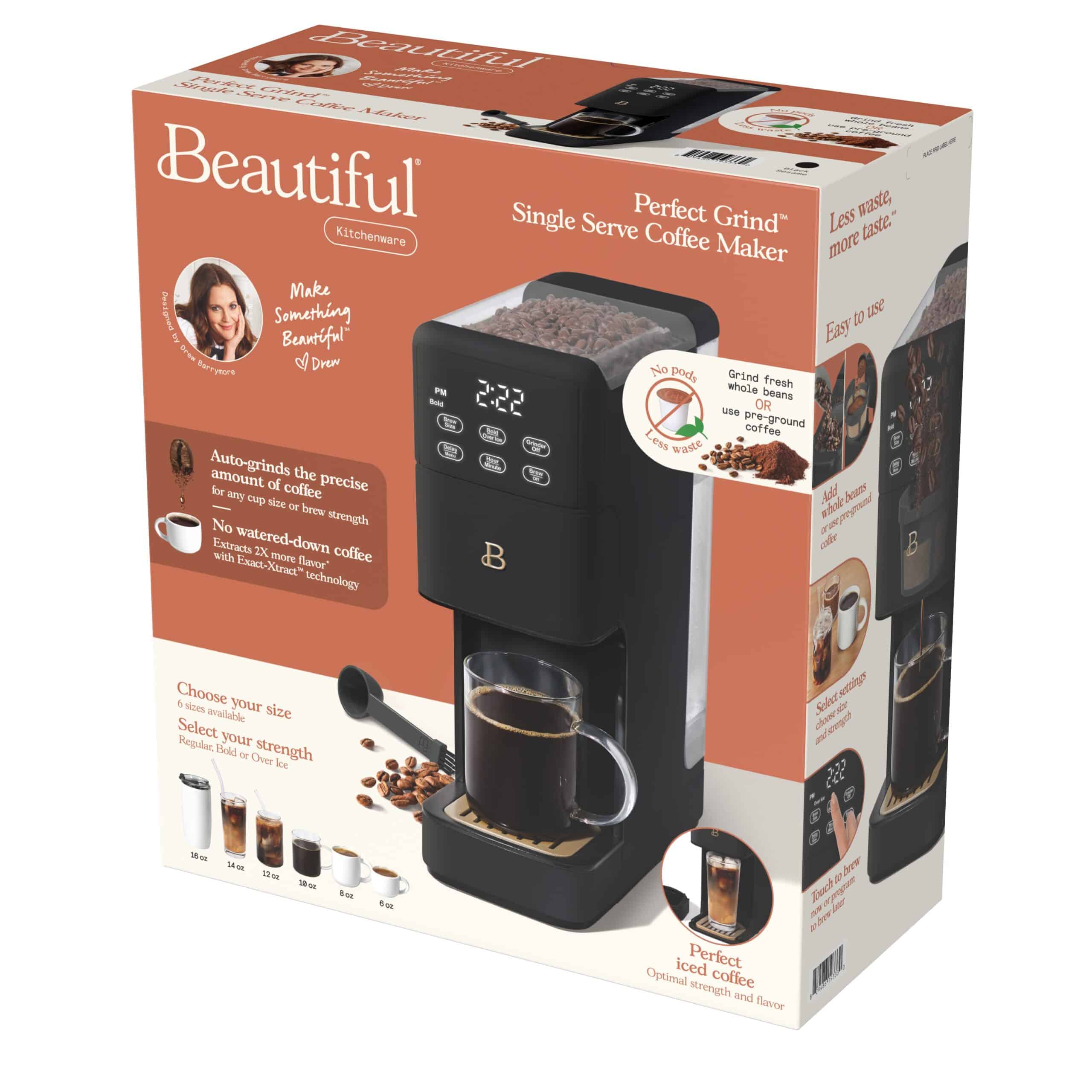Beautiful Perfect Grind Programmable Single Serve Coffee Maker, Black Sesame by Drew Barrymore