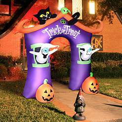 Haunted Hill Farm 9-ft Pre-Lit Inflatable Trick or Treat Walkway Arch with Black Cat, Jack-O-Lantern, and Ghost